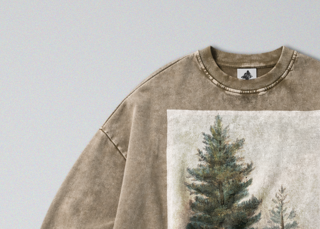 Oversized Snow Washed Cotton Sweatshirt - Pine Tree Forest Print