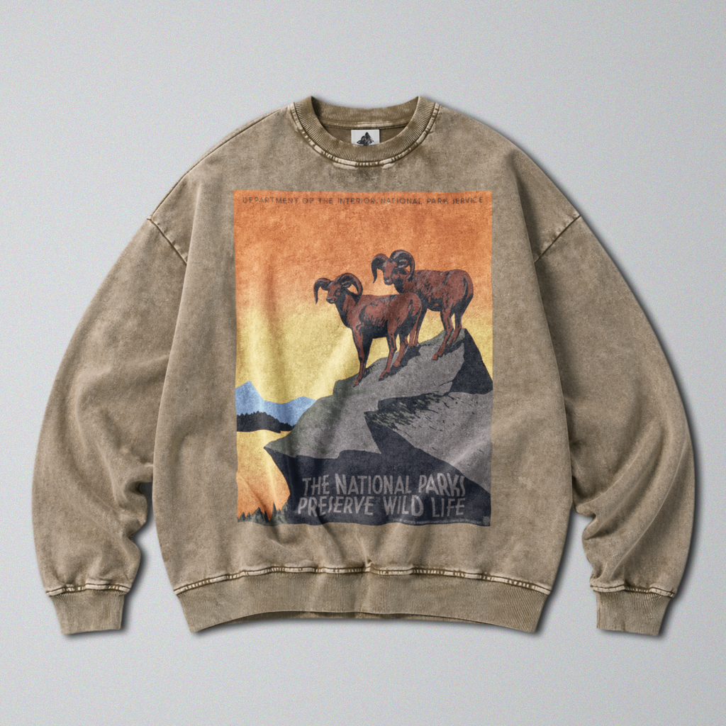 Oversized Snow Washed Cotton Sweatshirt - Preserve Wildlife & Nature Print