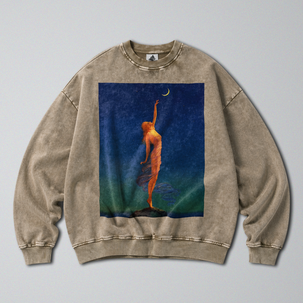 Oversized Snow Washed Cotton Sweatshirt - Reach fo the Moon Print
