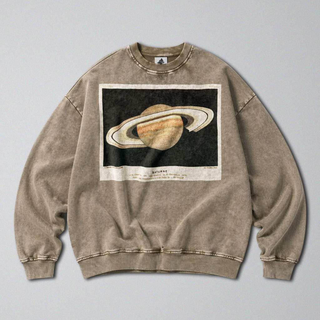Oversized Snow Washed Cotton Sweatshirt - Saturn in Outer Space Print