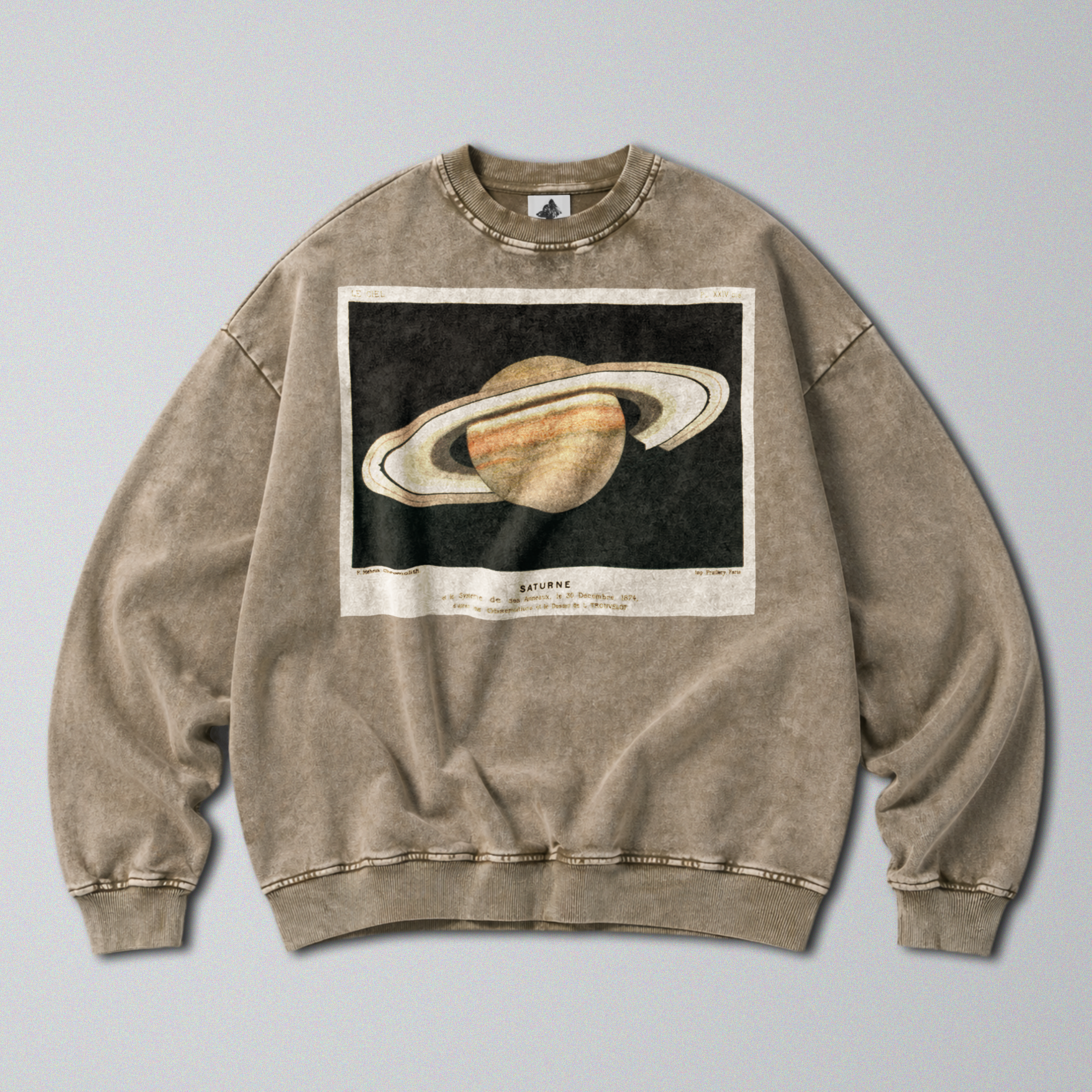 Oversized Snow Washed Cotton Sweatshirt - Saturn in Outer Space Print