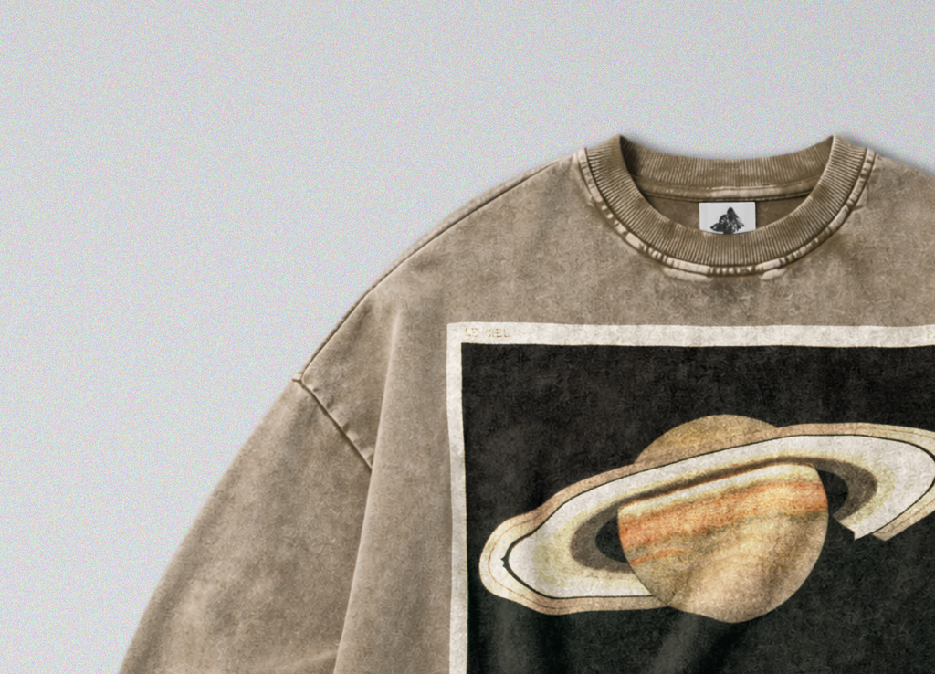 Oversized Snow Washed Cotton Sweatshirt - Saturn in Outer Space Print