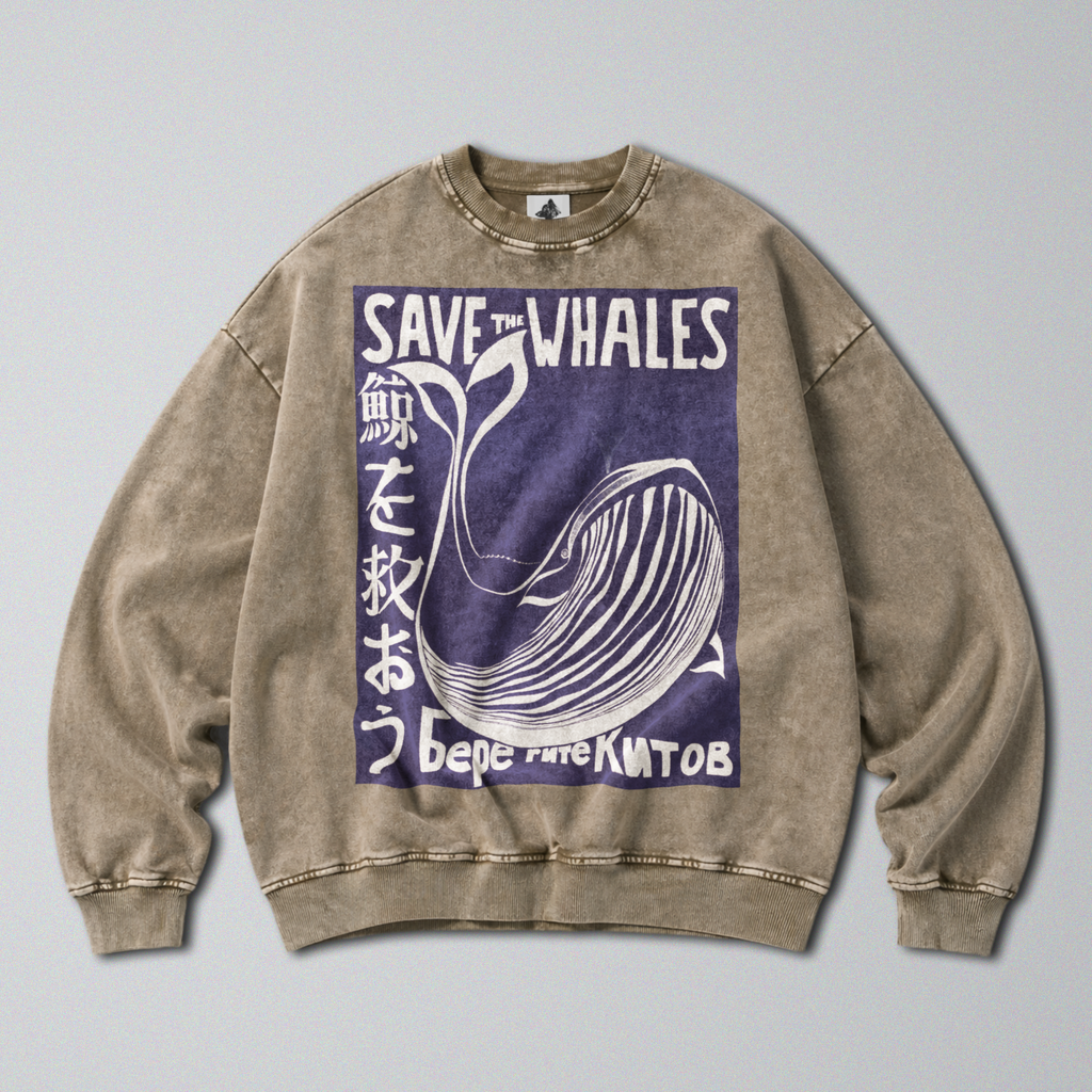 Oversized Snow Washed Cotton Sweatshirt - Save the Whales Print