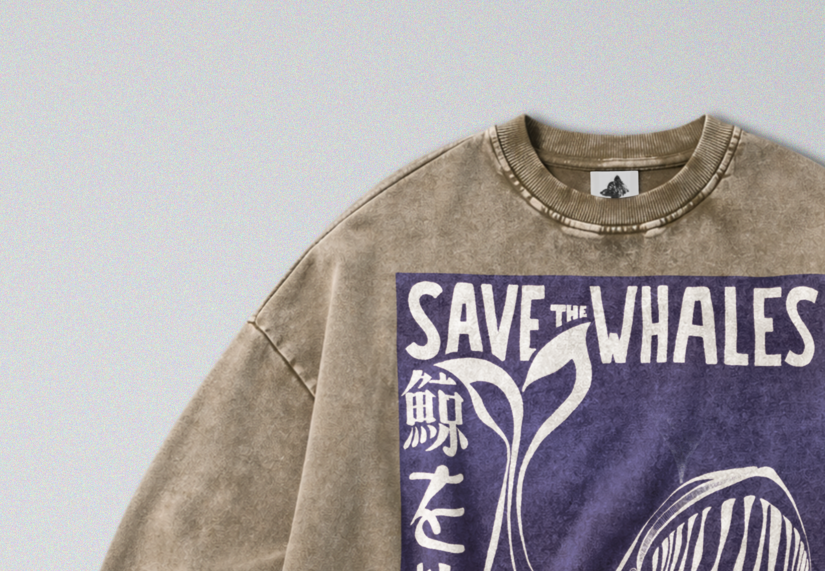 Oversized Snow Washed Cotton Sweatshirt - Save the Whales Print