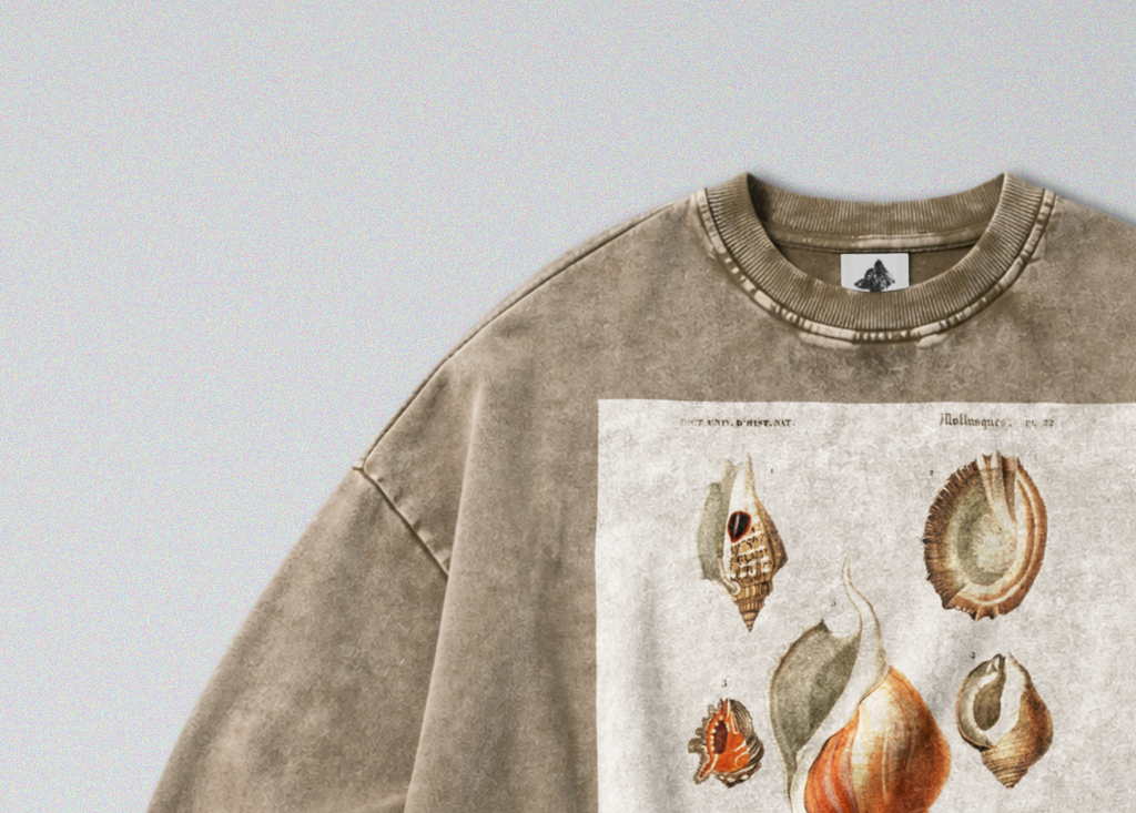 Oversized Snow Washed Cotton Sweatshirt - Seashells & Molluscs Print