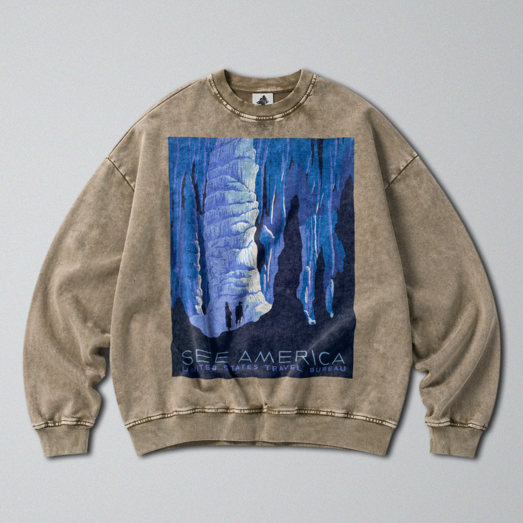 Oversized Snow Washed Cotton Sweatshirt - Carlsbad Caverns National Park Print
