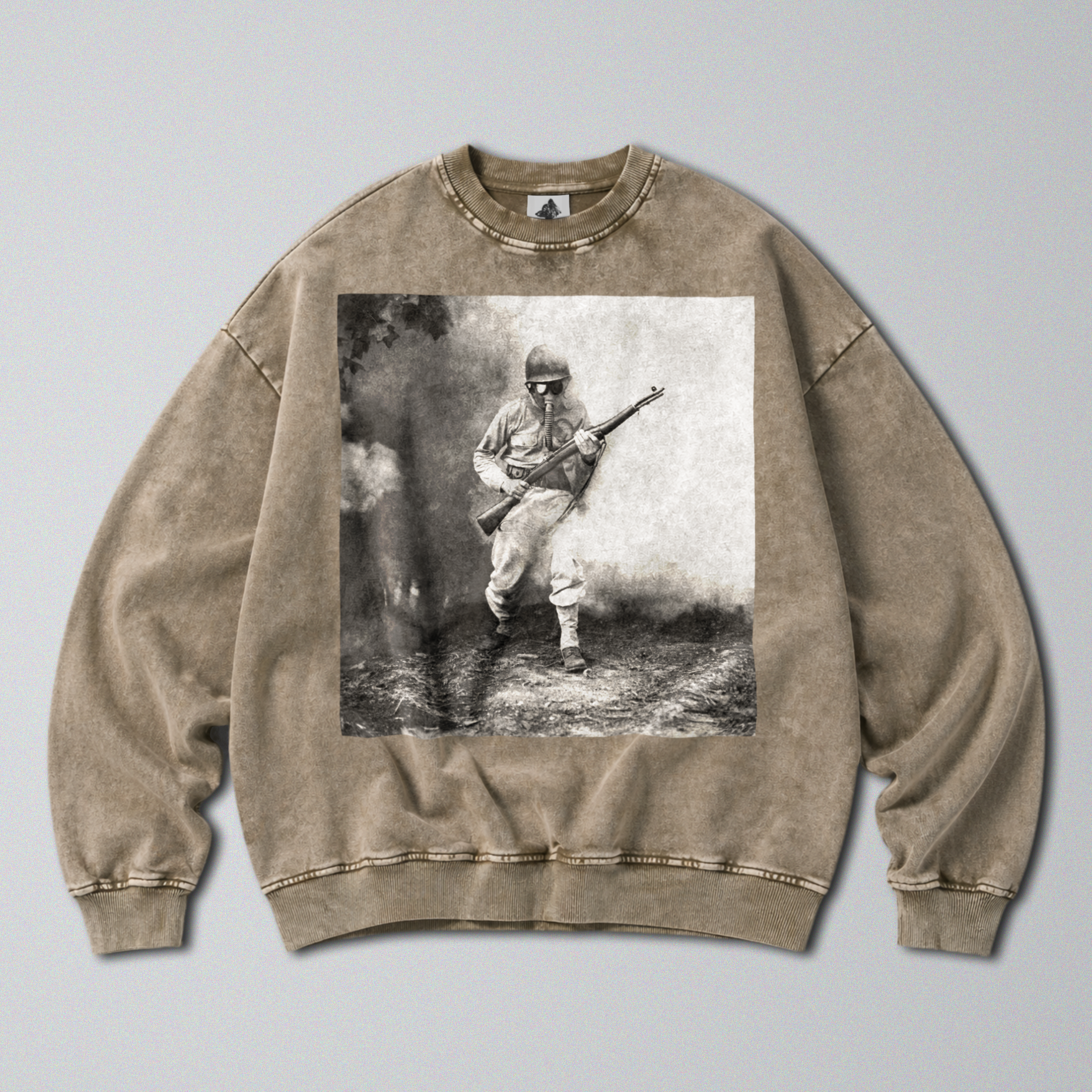 Oversized Snow Washed Cotton Sweatshirt - WW2 Soldier Wearing Gasmask Print