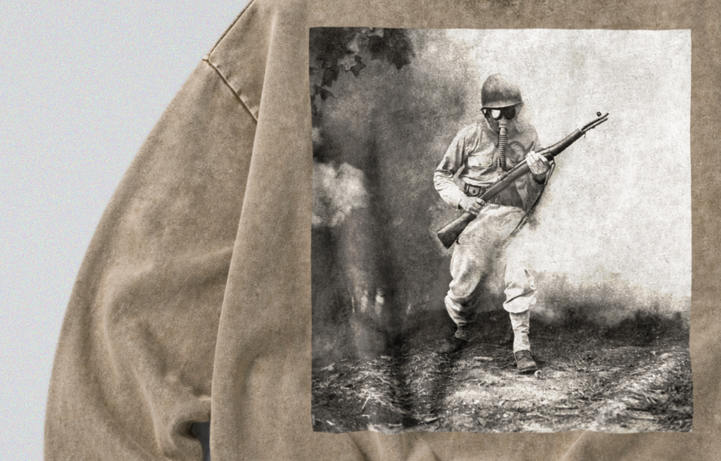Oversized Snow Washed Cotton Sweatshirt - WW2 Soldier Wearing Gasmask Print