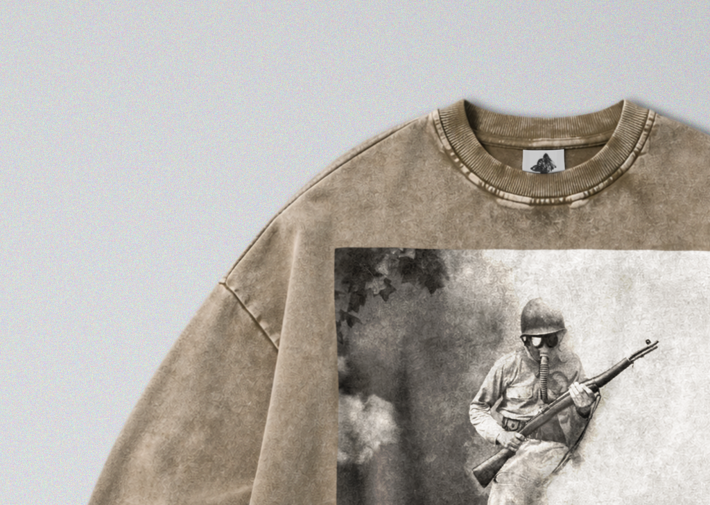 Oversized Snow Washed Cotton Sweatshirt - WW2 Soldier Wearing Gasmask Print