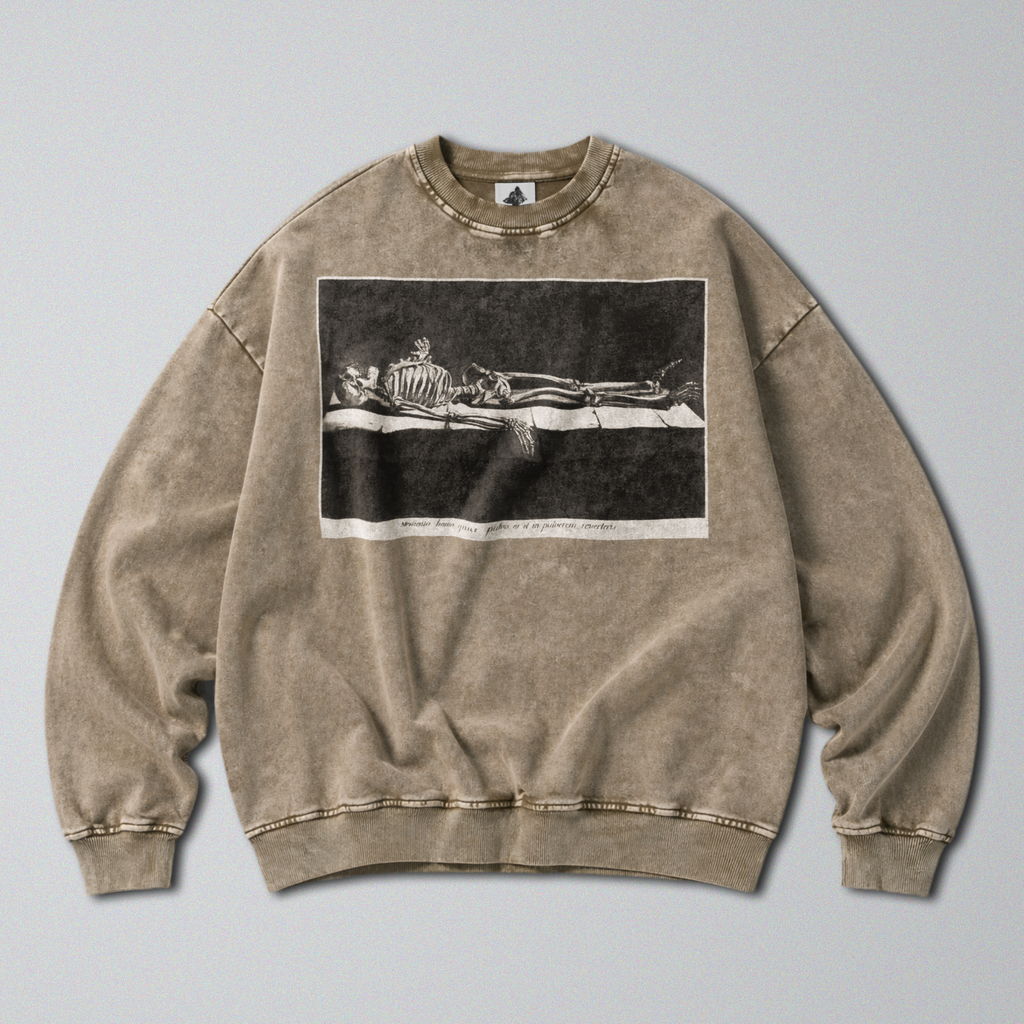 Oversized Snow Washed Cotton Sweatshirt - Skeleton in Tomb Print