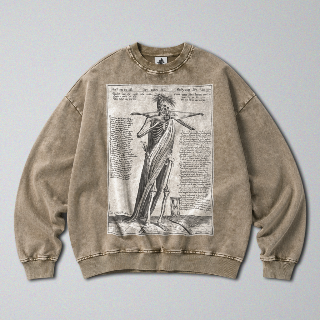 Oversized Snow Washed Cotton Sweatshirt - Skeleton With Crossbow Print