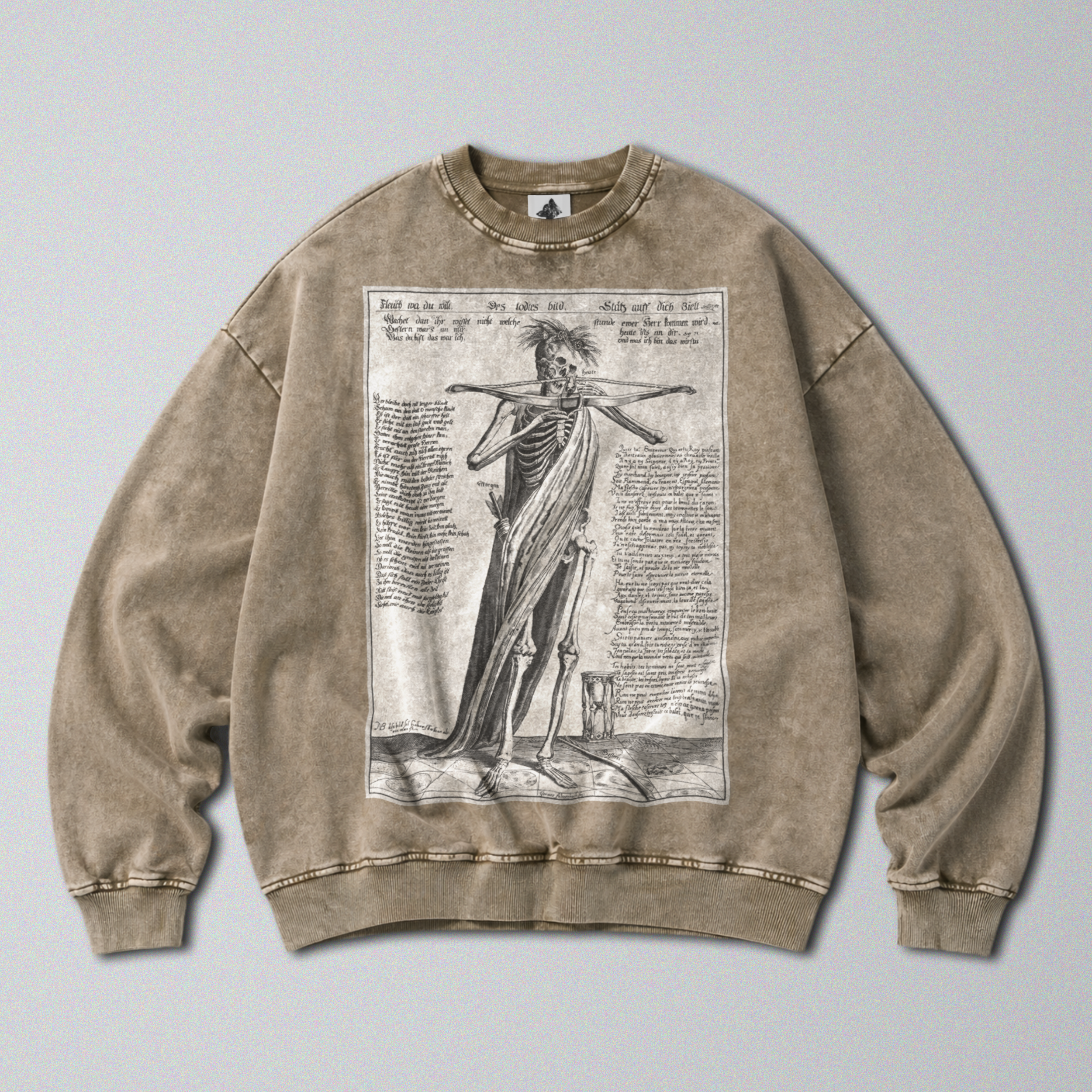 Oversized Snow Washed Cotton Sweatshirt - Skeleton With Crossbow Print