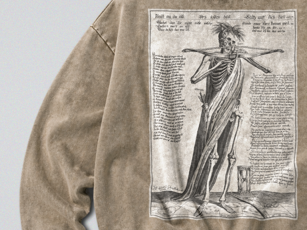Oversized Snow Washed Cotton Sweatshirt - Skeleton With Crossbow Print