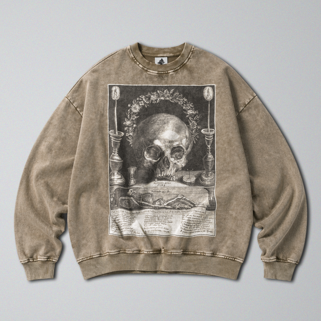 Oversized Snow Washed Cotton Sweatshirt - Memento Mori & Human Skull Print