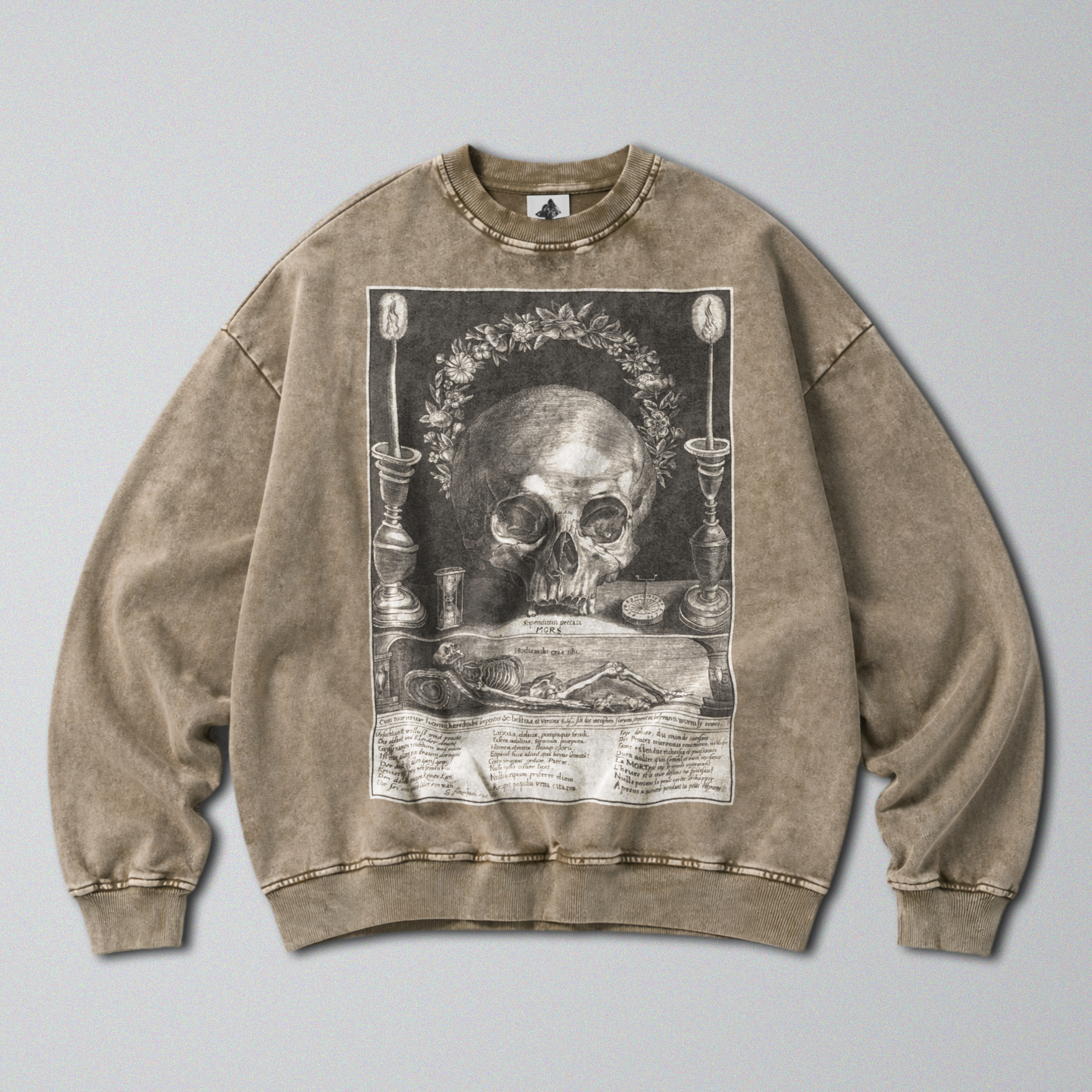 Oversized Snow Washed Cotton Sweatshirt - Memento Mori & Human Skull Print