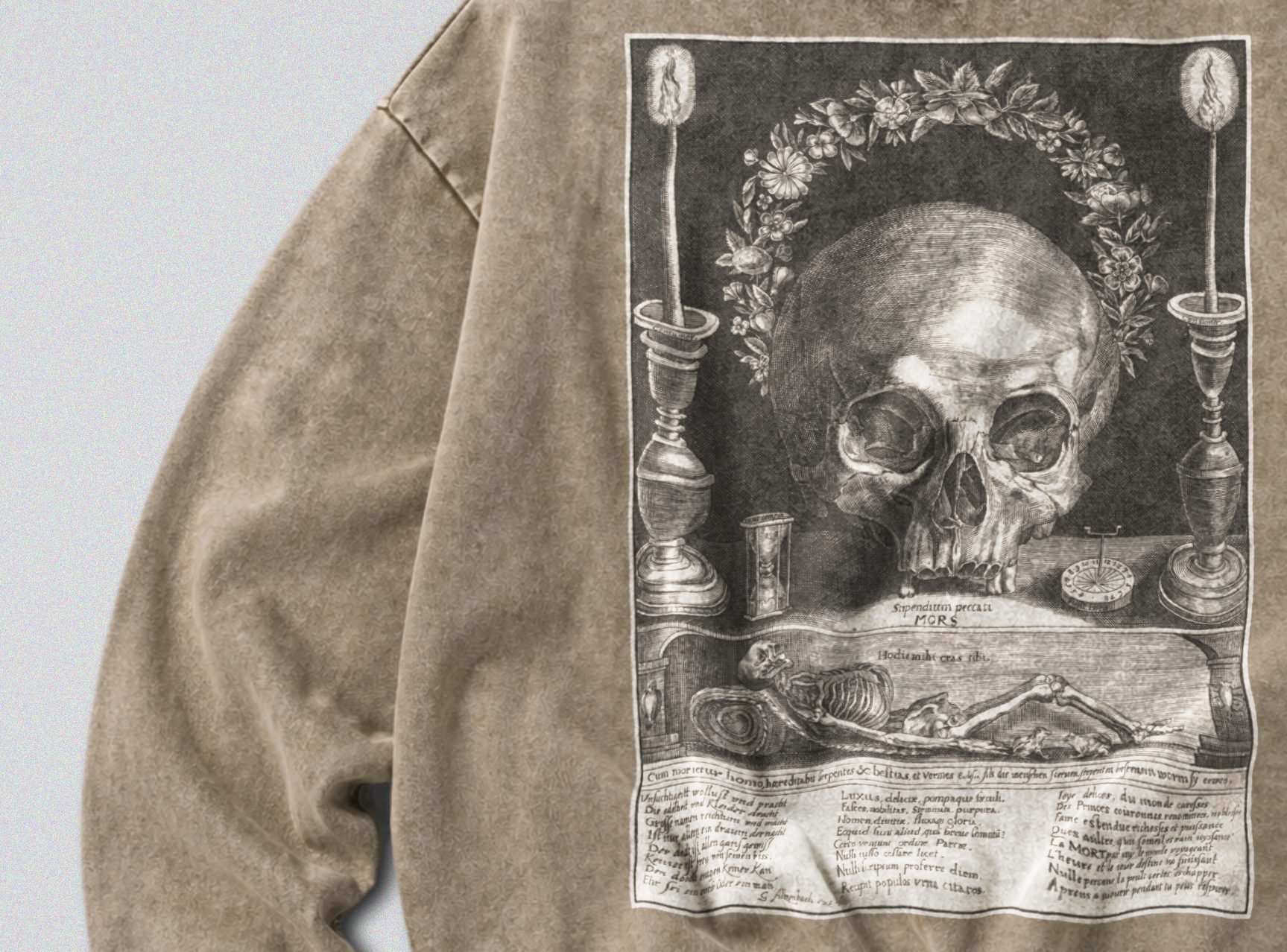 Oversized Snow Washed Cotton Sweatshirt - Memento Mori & Human Skull Print