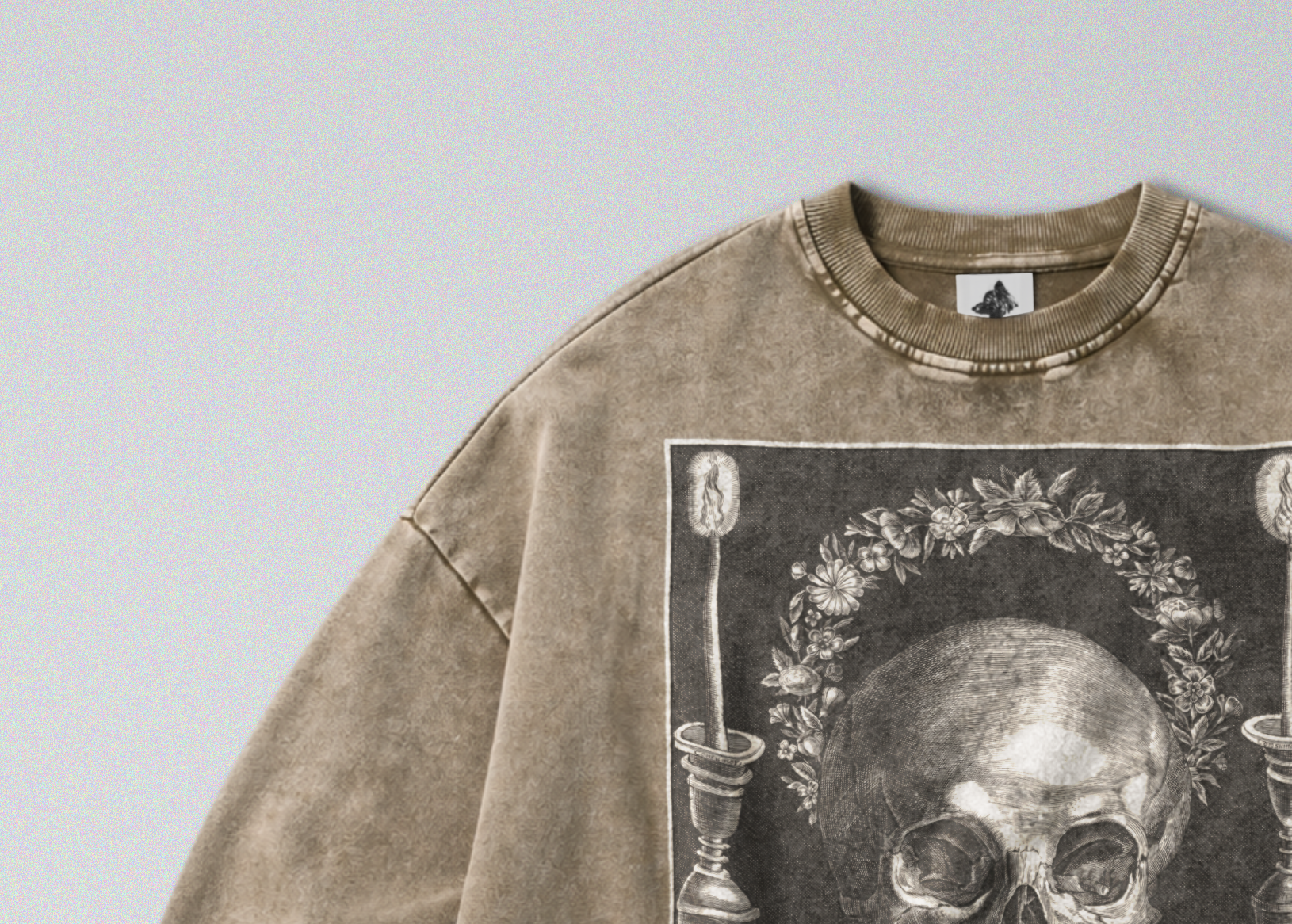 Oversized Snow Washed Cotton Sweatshirt - Memento Mori & Human Skull Print