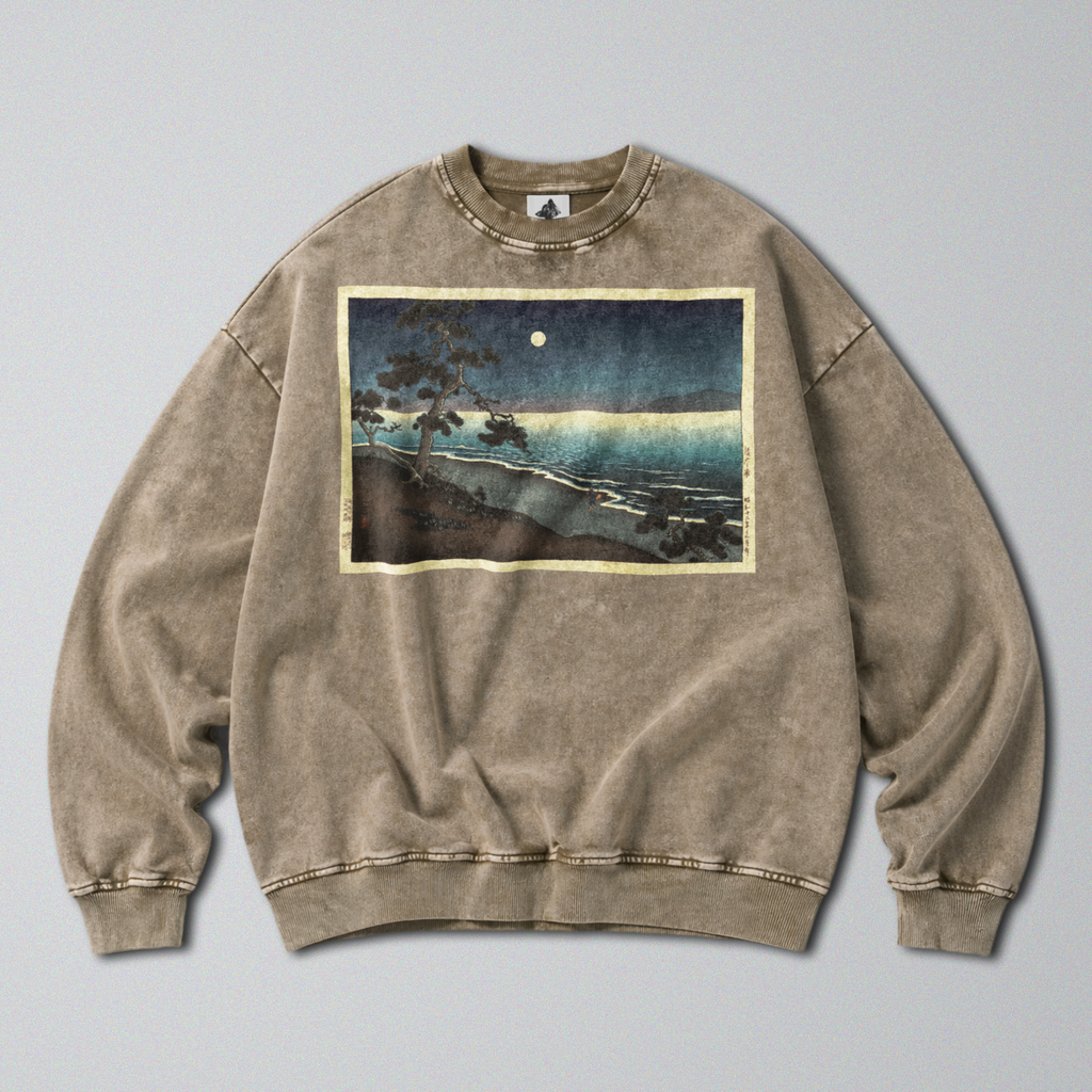 Oversized Snow Washed Cotton Sweatshirt - Japanese Beach Landscape Print