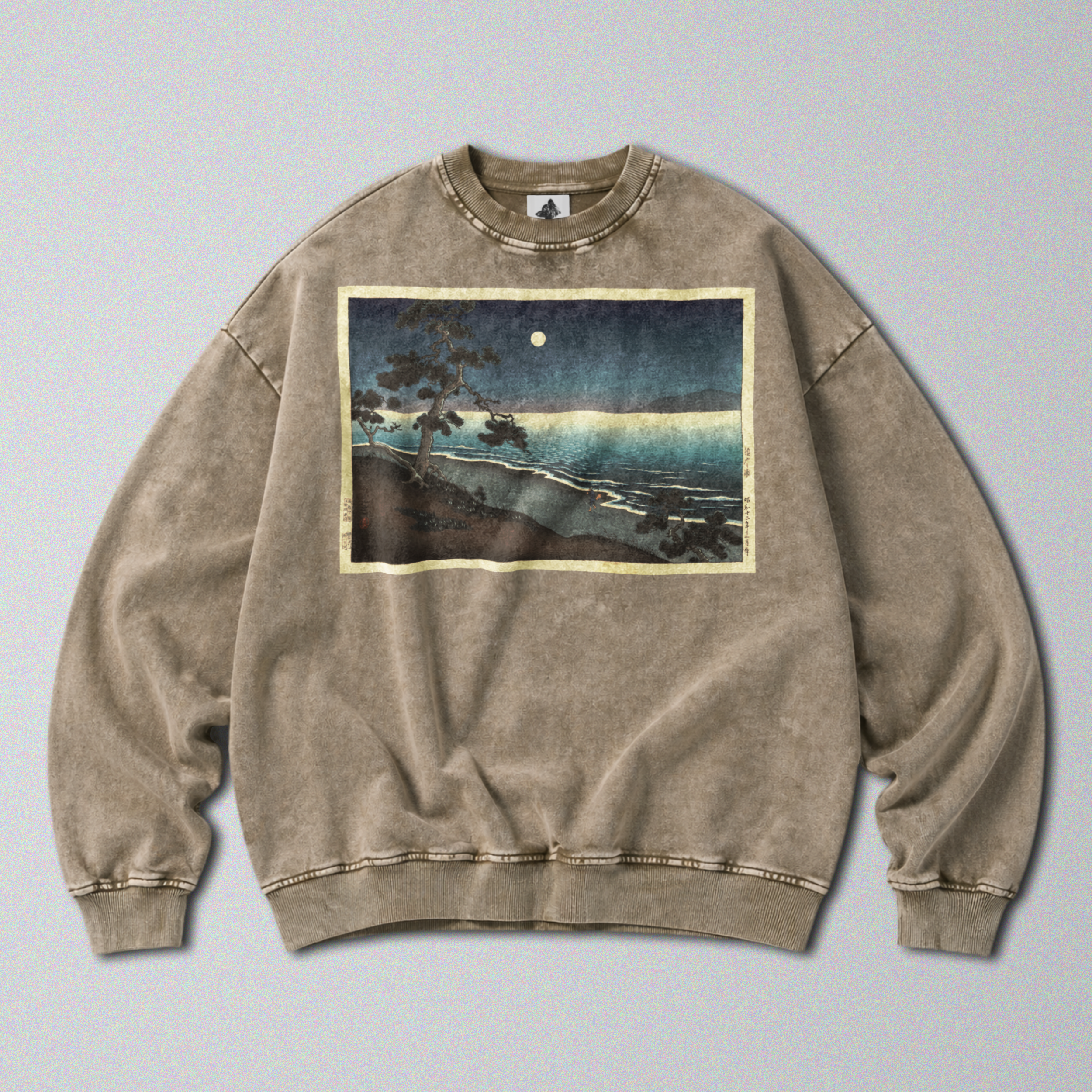 Oversized Snow Washed Cotton Sweatshirt - Japanese Beach Landscape Print