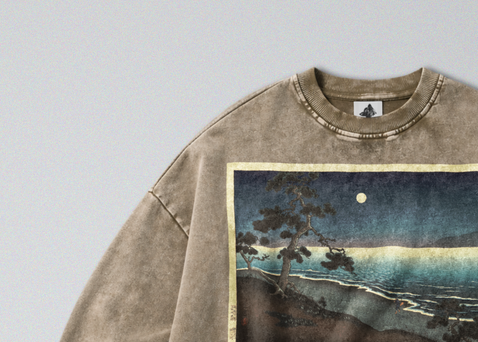 Oversized Snow Washed Cotton Sweatshirt - Japanese Beach Landscape Print