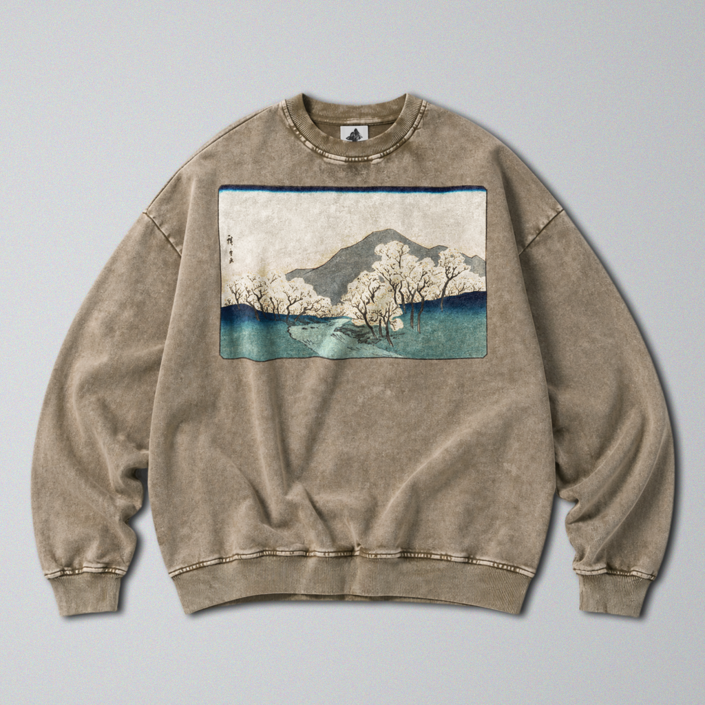 Oversized Snow Washed Cotton Sweatshirt - Japanese Mountain Landscape Print