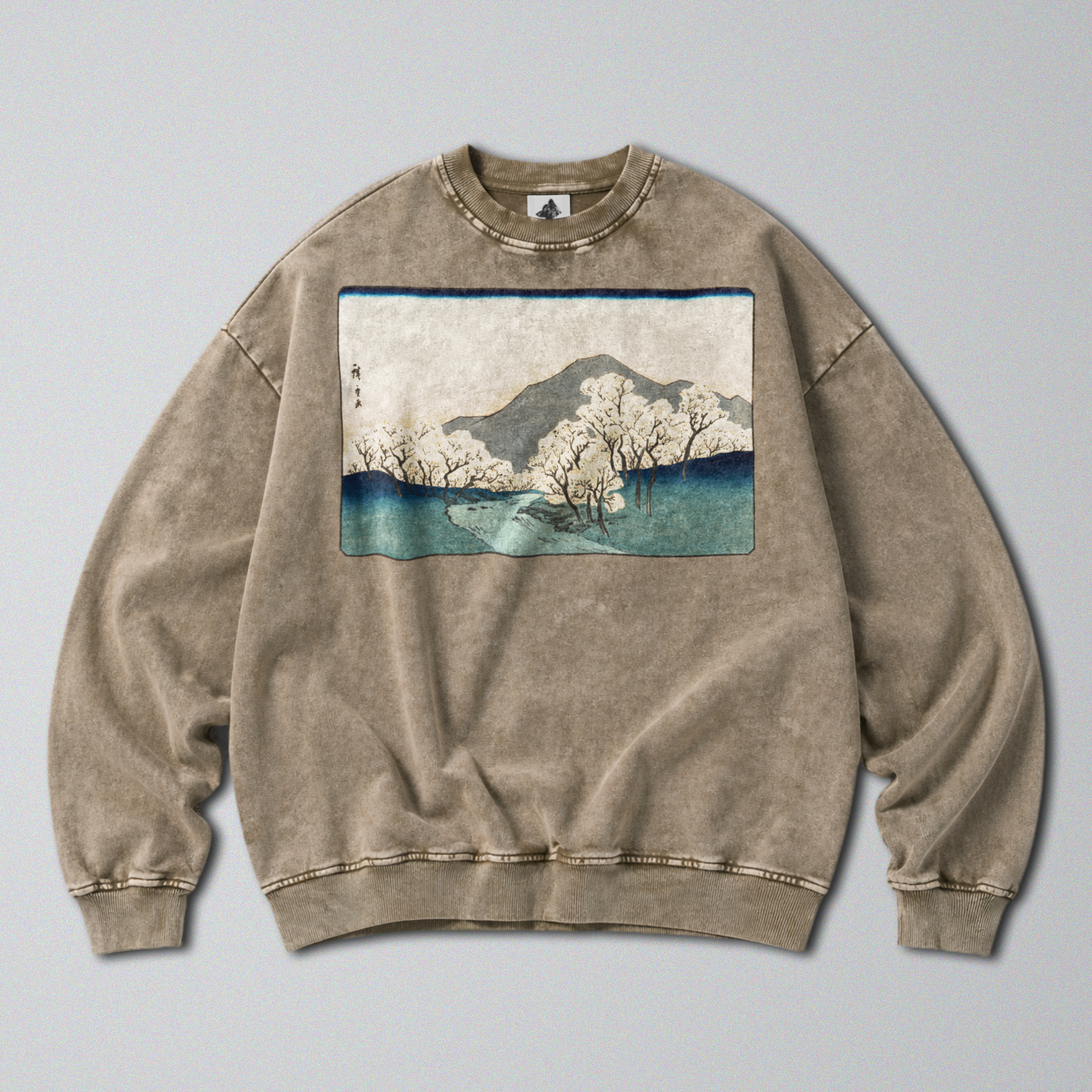 Oversized Snow Washed Cotton Sweatshirt - Japanese Mountain Landscape Print