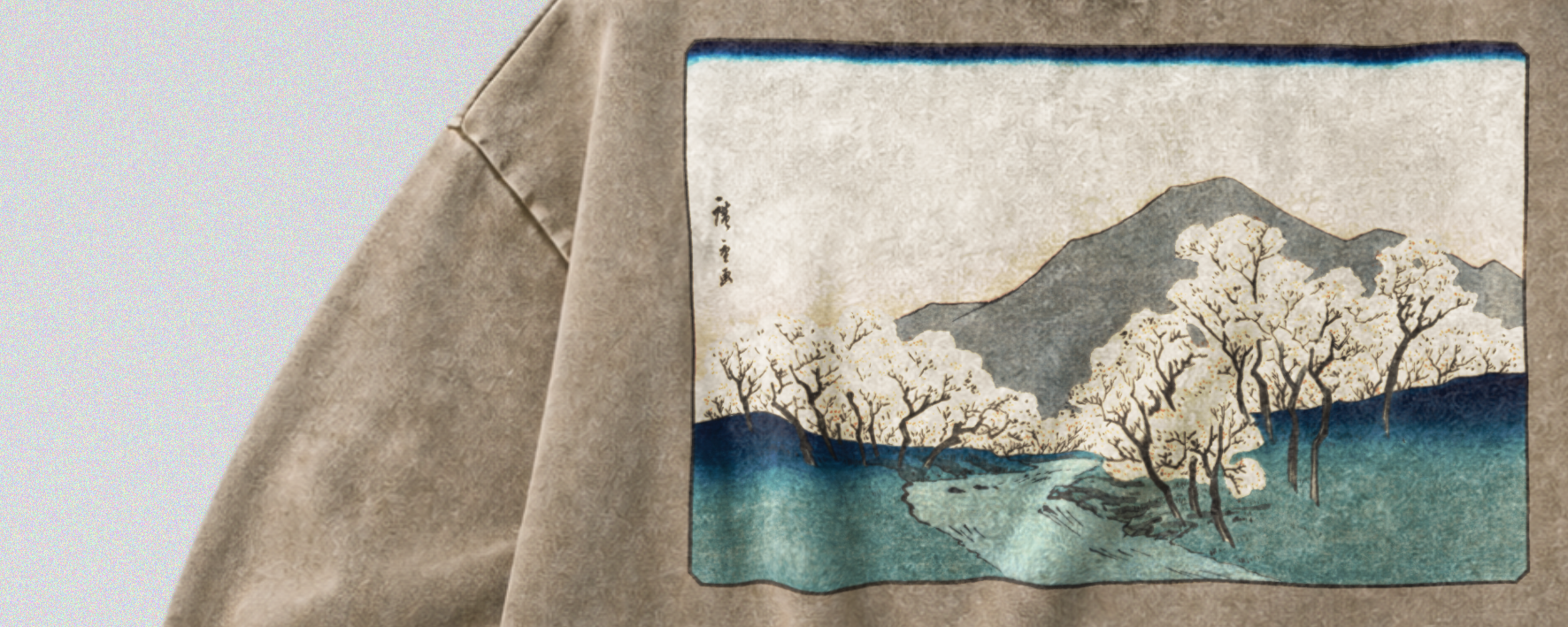 Oversized Snow Washed Cotton Sweatshirt - Japanese Mountain Landscape Print