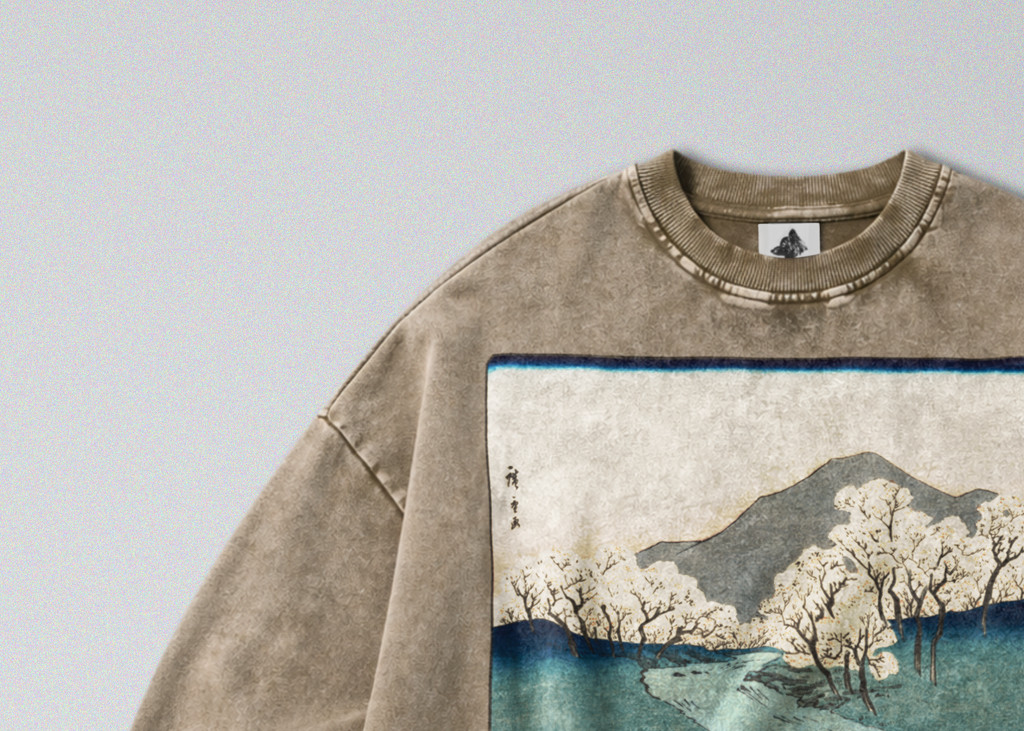 Oversized Snow Washed Cotton Sweatshirt - Japanese Mountain Landscape Print