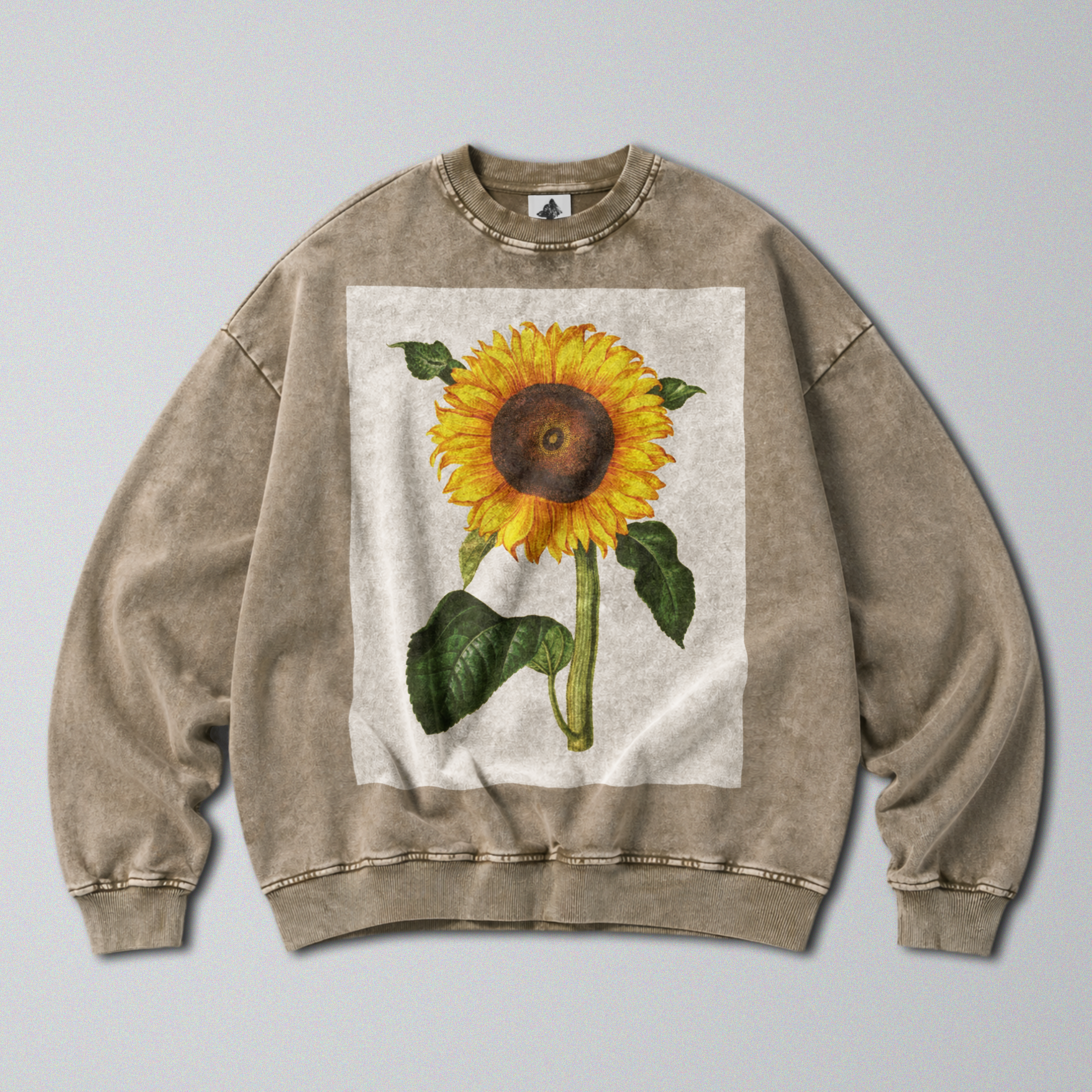 Oversized Snow Washed Cotton Sweatshirt - Minimalist Sunflower Print