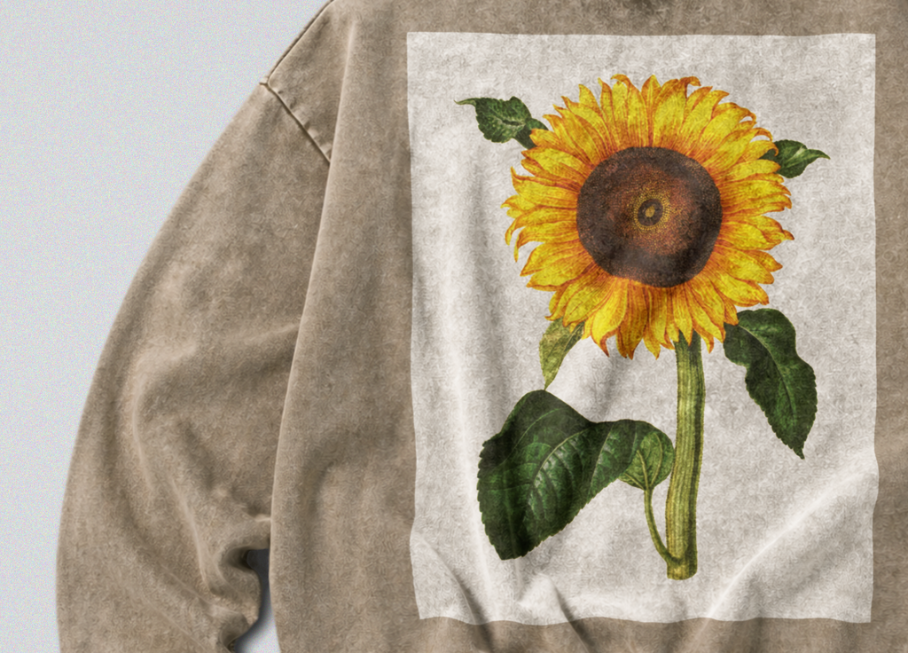 Oversized Snow Washed Cotton Sweatshirt - Minimalist Sunflower Print