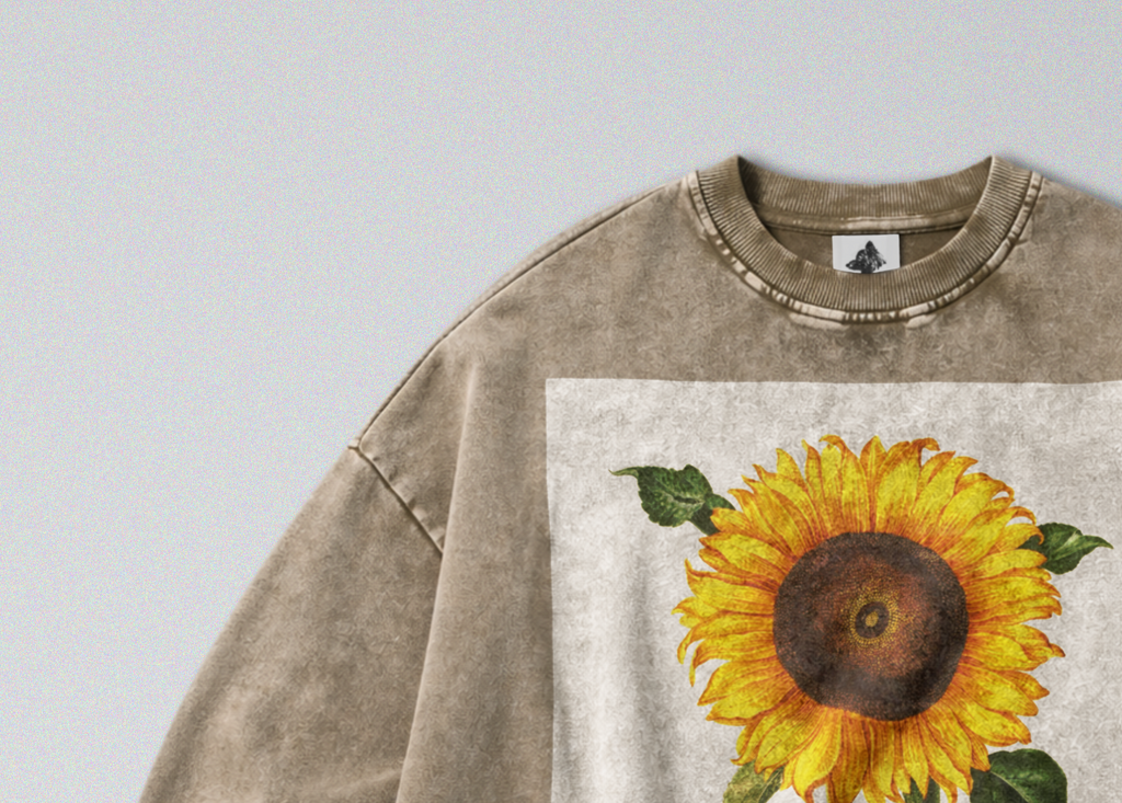 Oversized Snow Washed Cotton Sweatshirt - Minimalist Sunflower Print