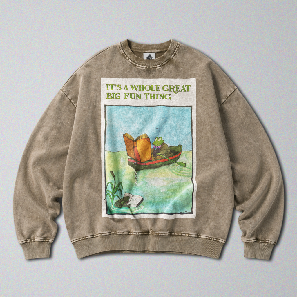 Oversized Snow Washed Cotton Sweatshirt - Toad Rowing Boat Print