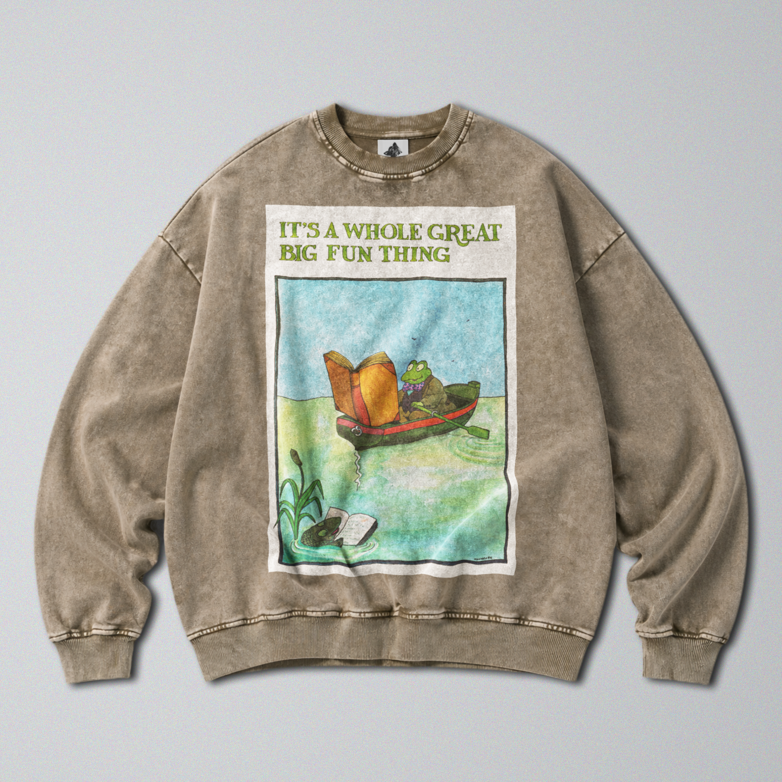 Oversized Snow Washed Cotton Sweatshirt - Toad Rowing Boat Print