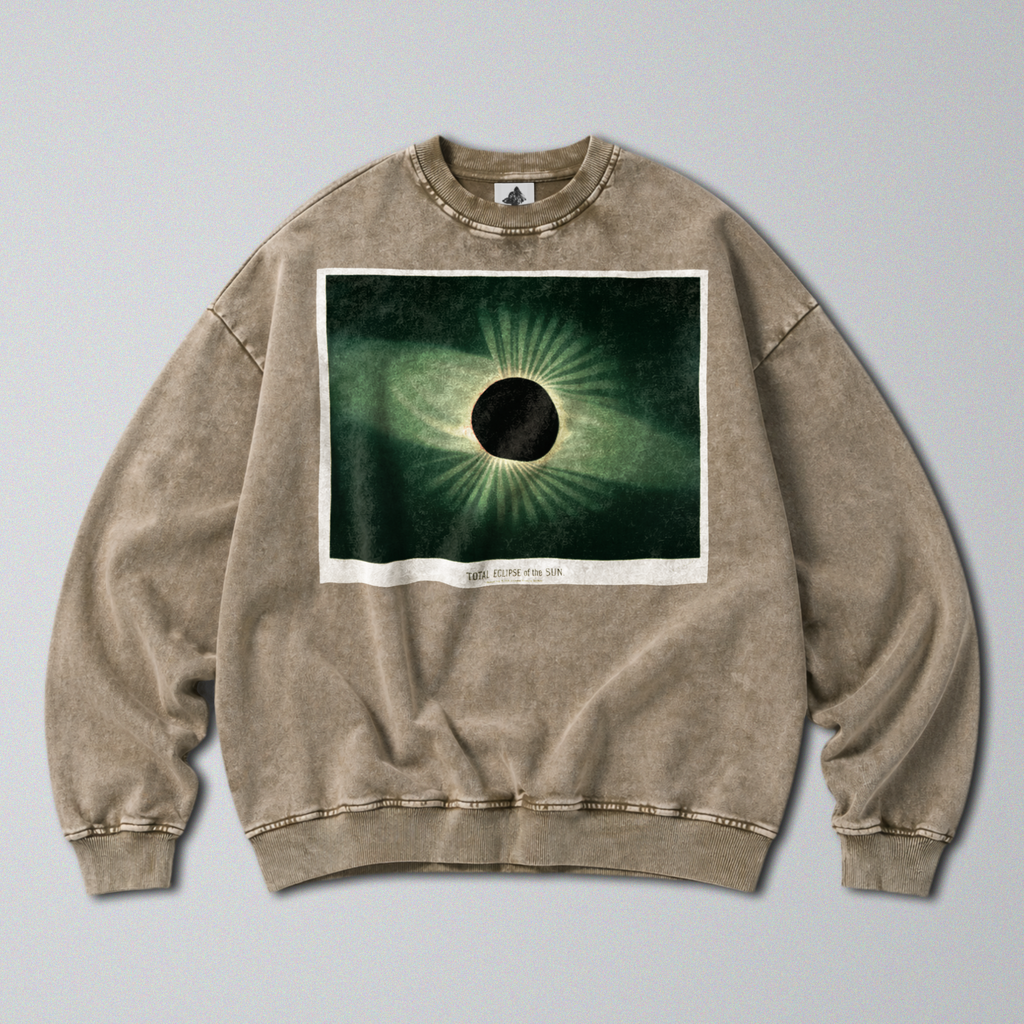 Oversized Snow Washed Cotton Sweatshirt - Solar Eclipse Print