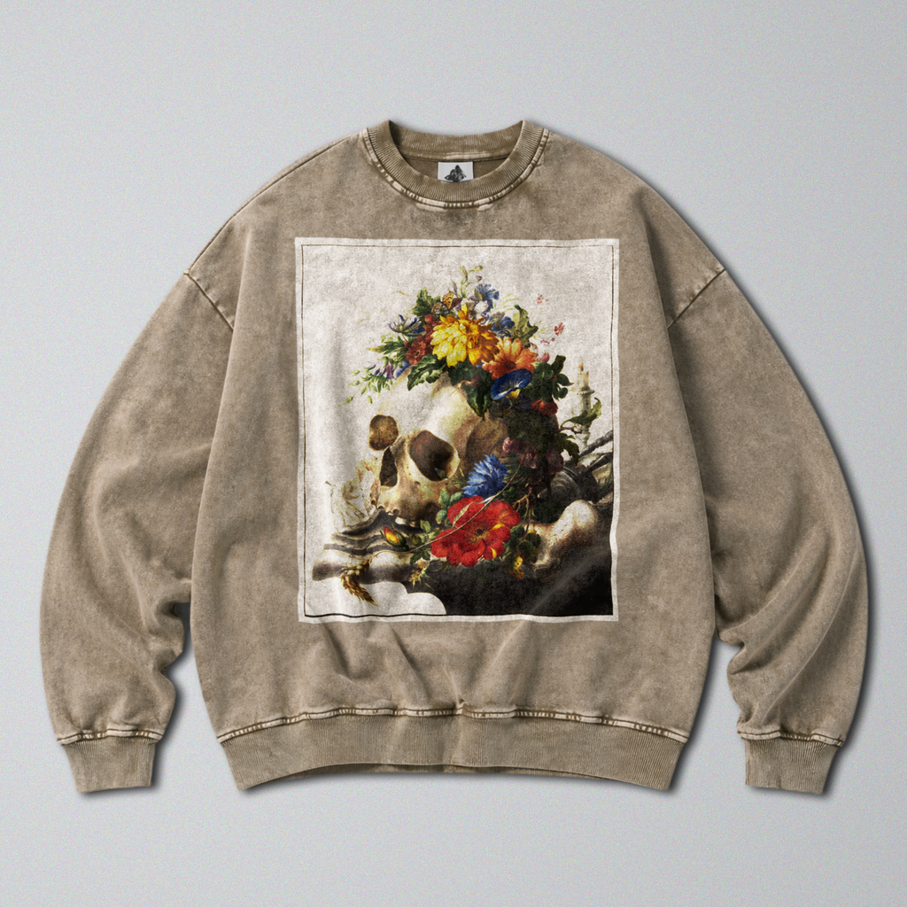Oversized Snow Washed Cotton Sweatshirt - Human Skull & Flowers Print