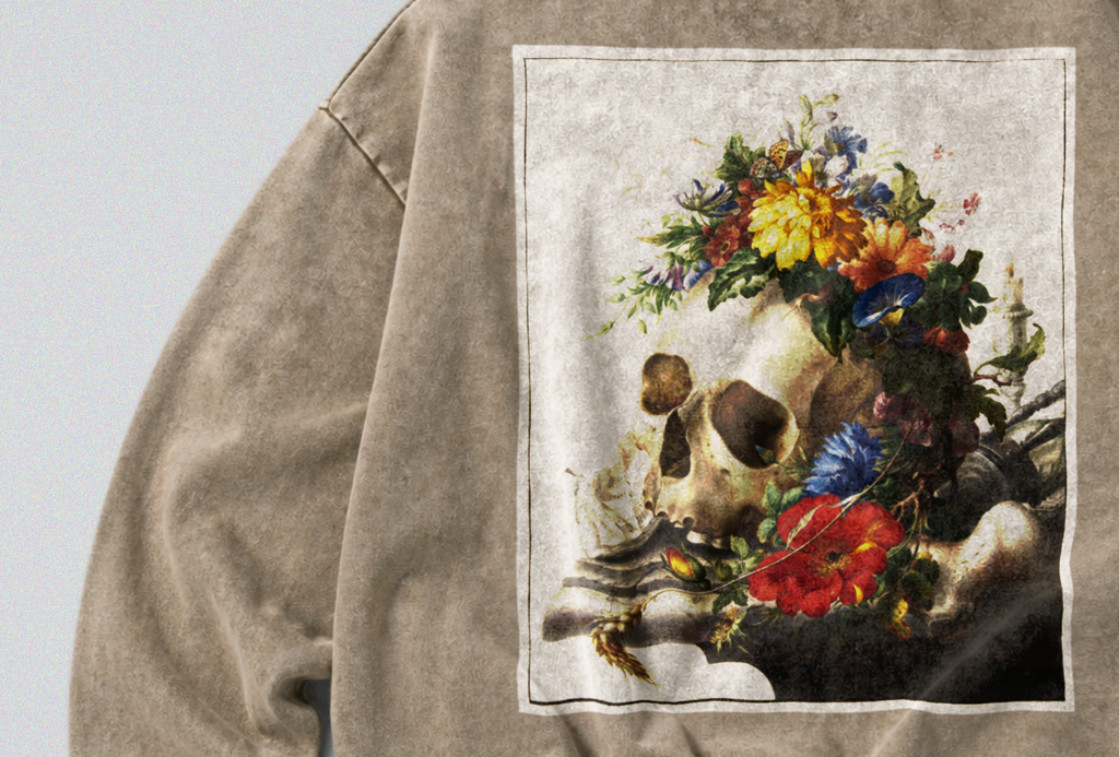 Oversized Snow Washed Cotton Sweatshirt - Human Skull & Flowers Print