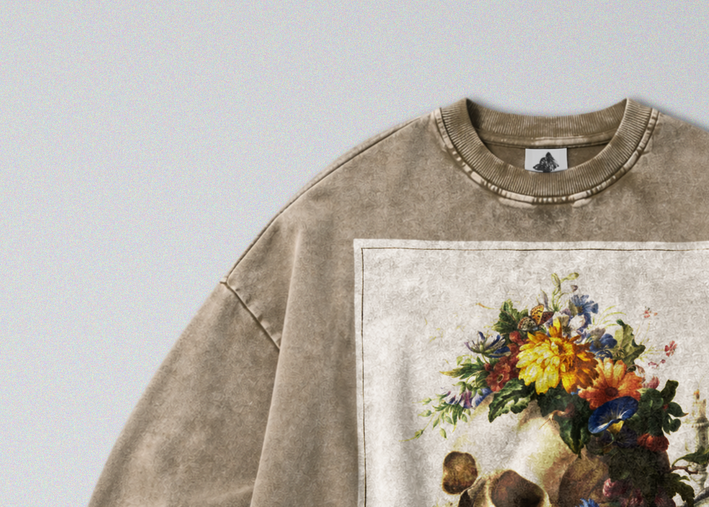 Oversized Snow Washed Cotton Sweatshirt - Human Skull & Flowers Print