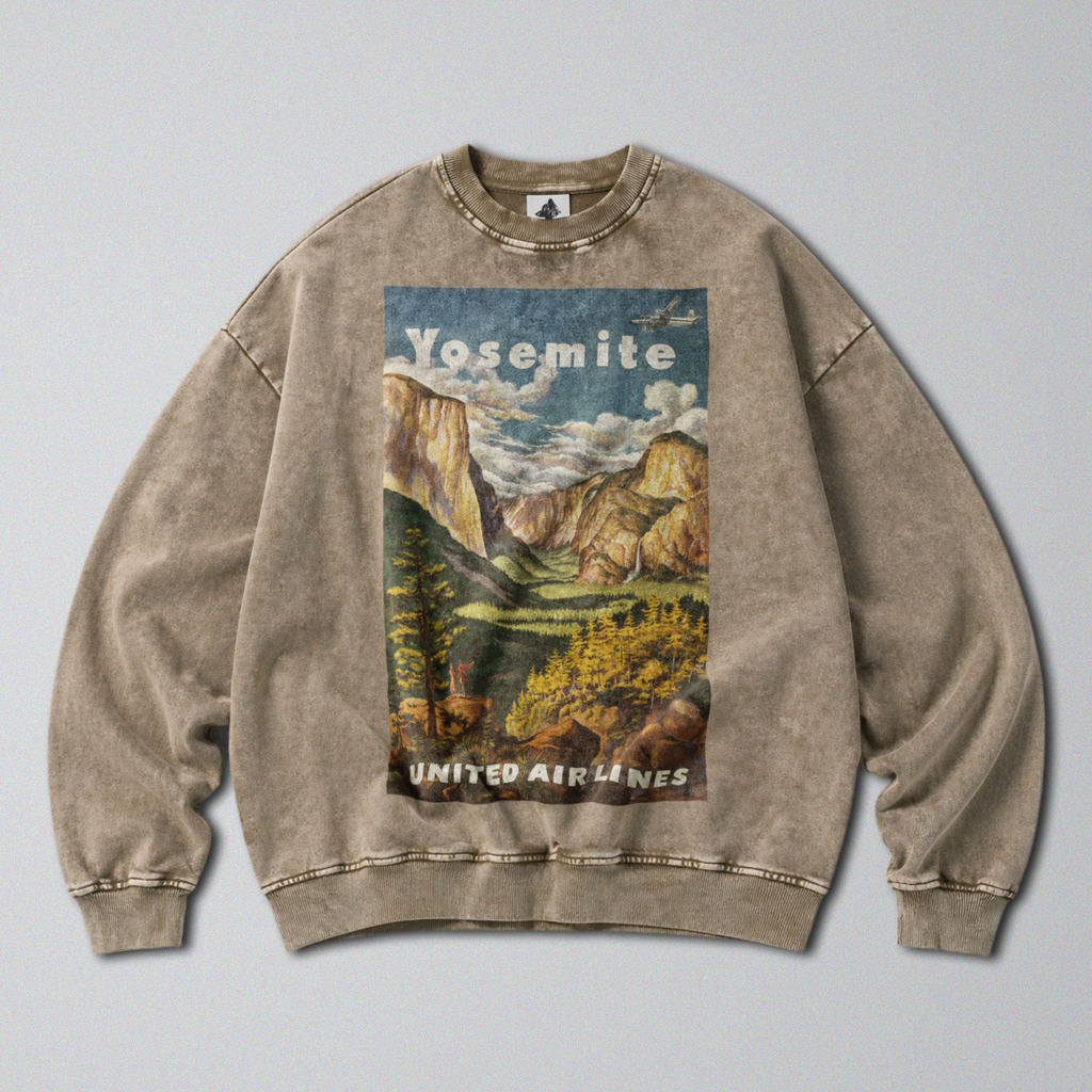 Oversized Snow Washed Cotton Sweatshirt - Yosemite National Park Print