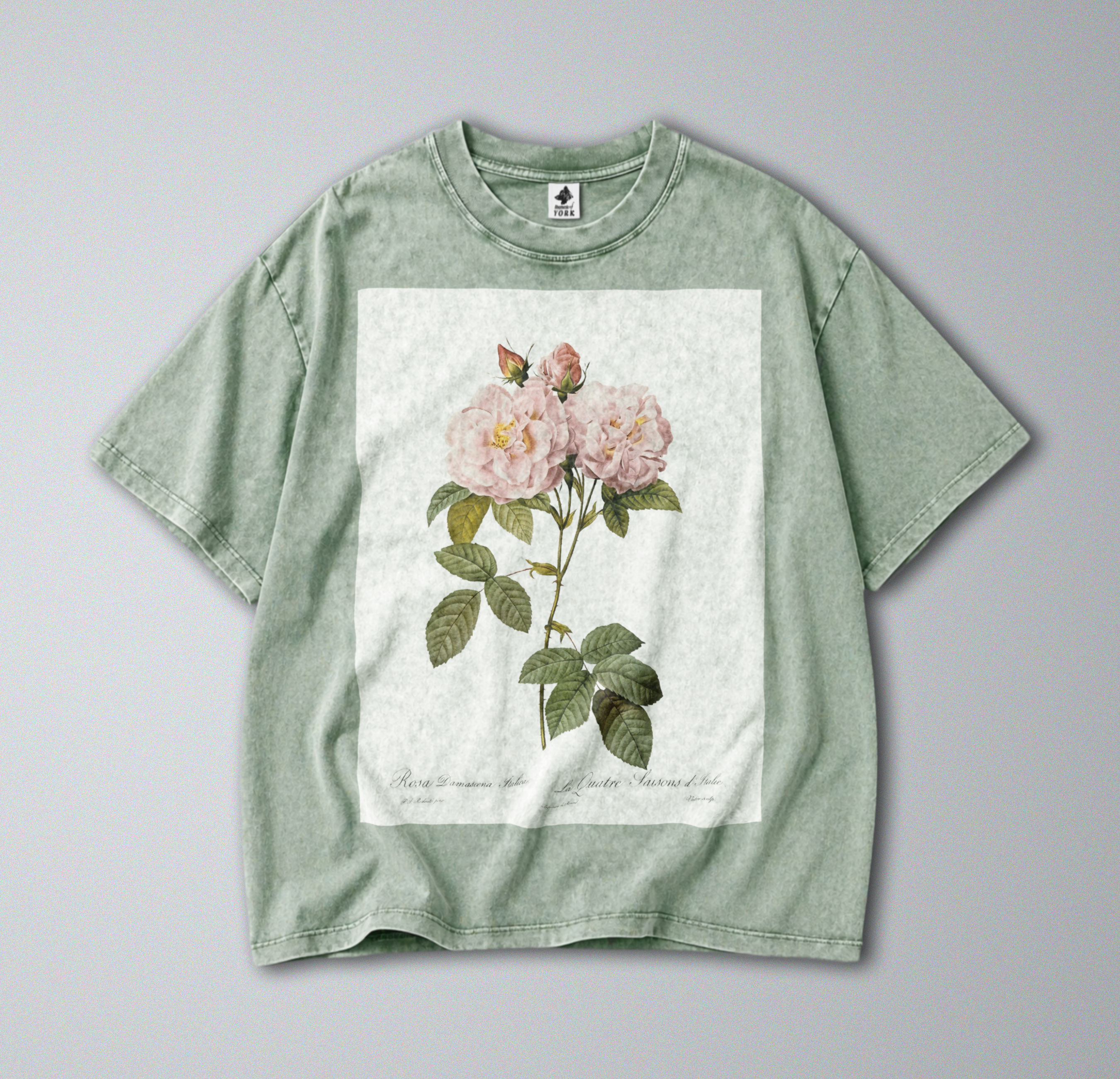 Oversized Snow Washed Cotton Tee - Minimalist & Botanical Pink Roses Print
