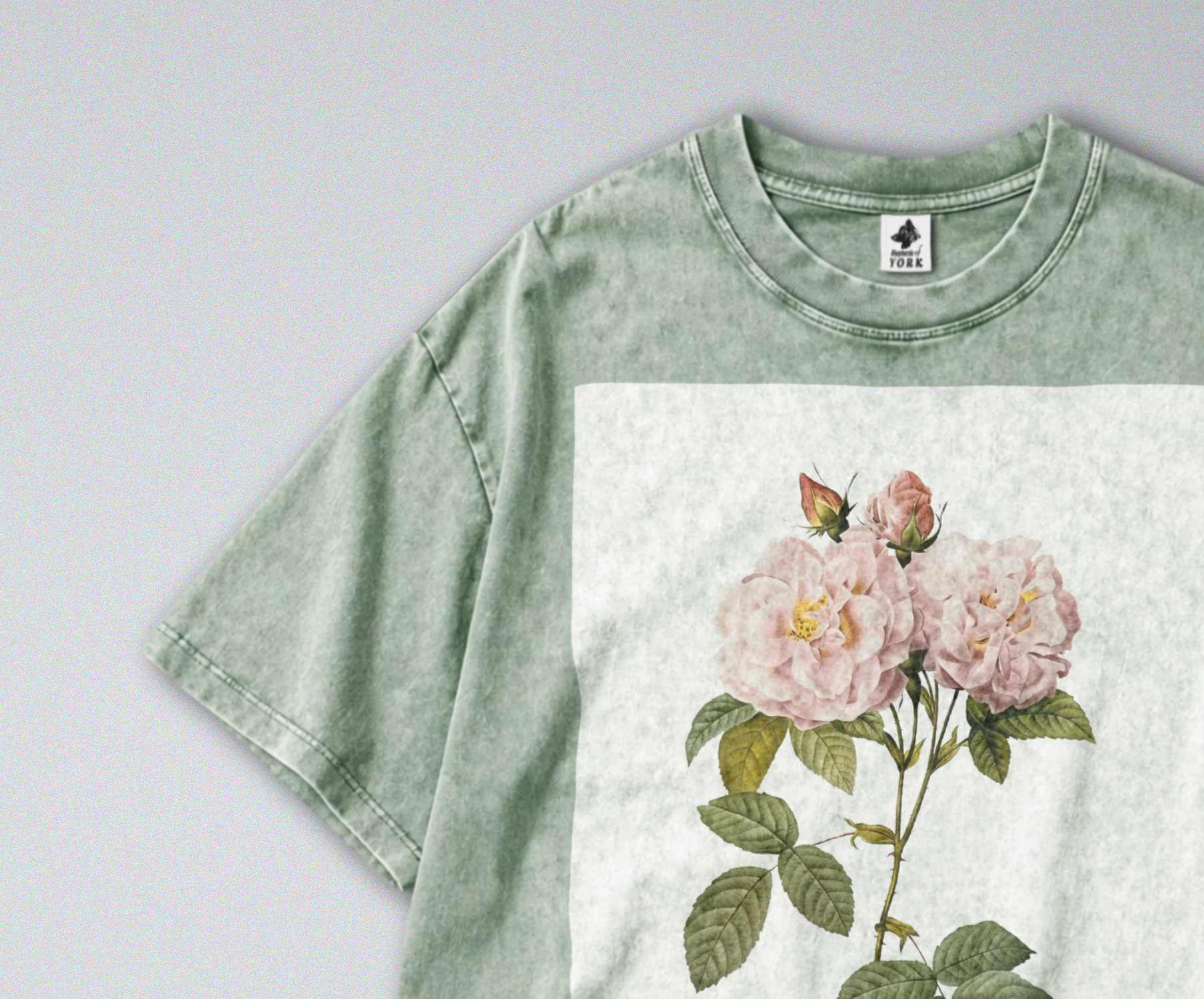 Oversized Snow Washed Cotton Tee - Minimalist & Botanical Pink Roses Print