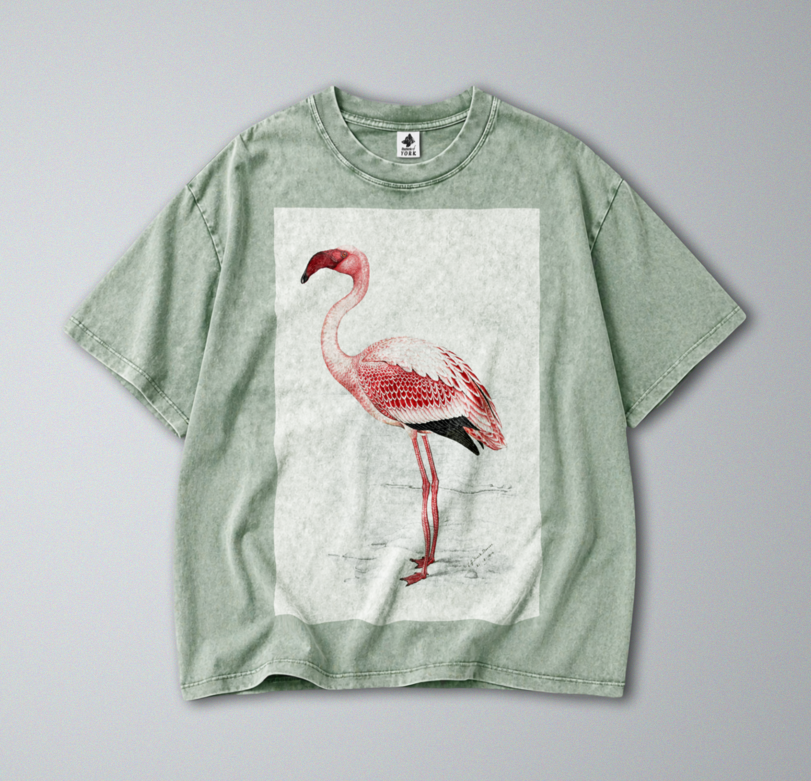 Oversized Snow Washed Cotton Tee - Pink Flamingo Print