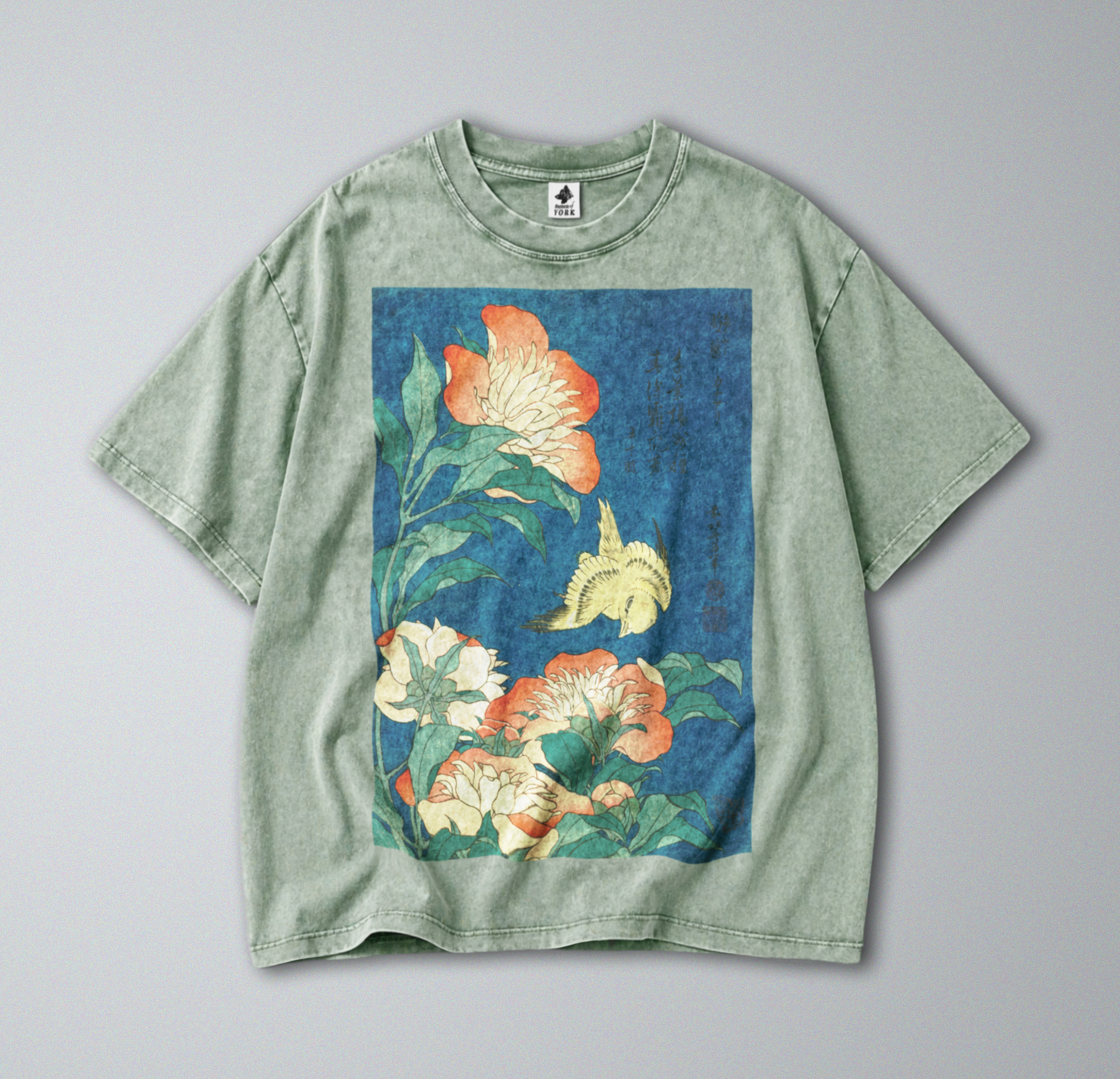 Oversized Snow Washed Cotton Tee - Japanese Floral & Canary Print