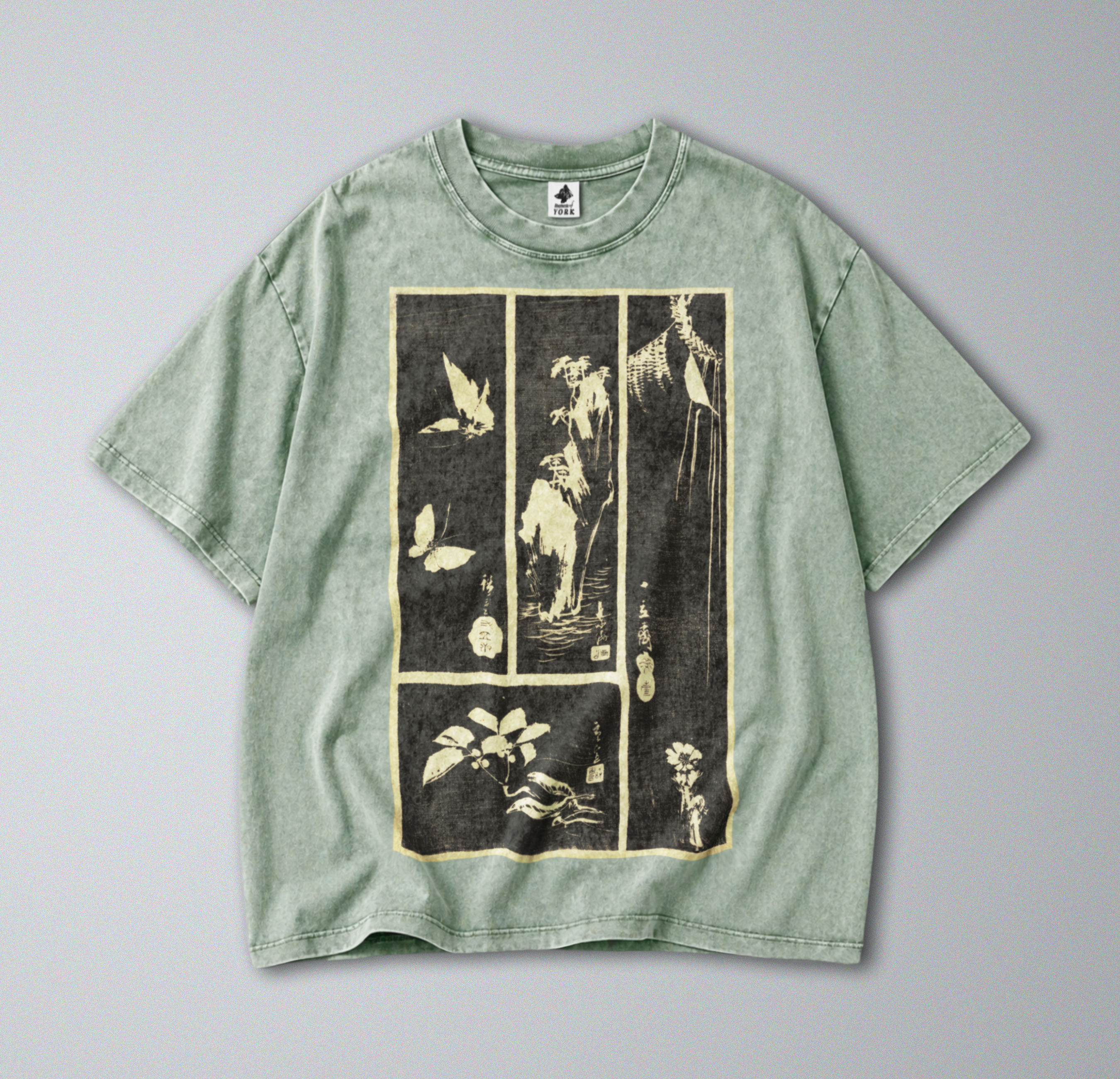 Oversized Snow Washed Cotton Tee - Japanese Botanical Harimaze Print