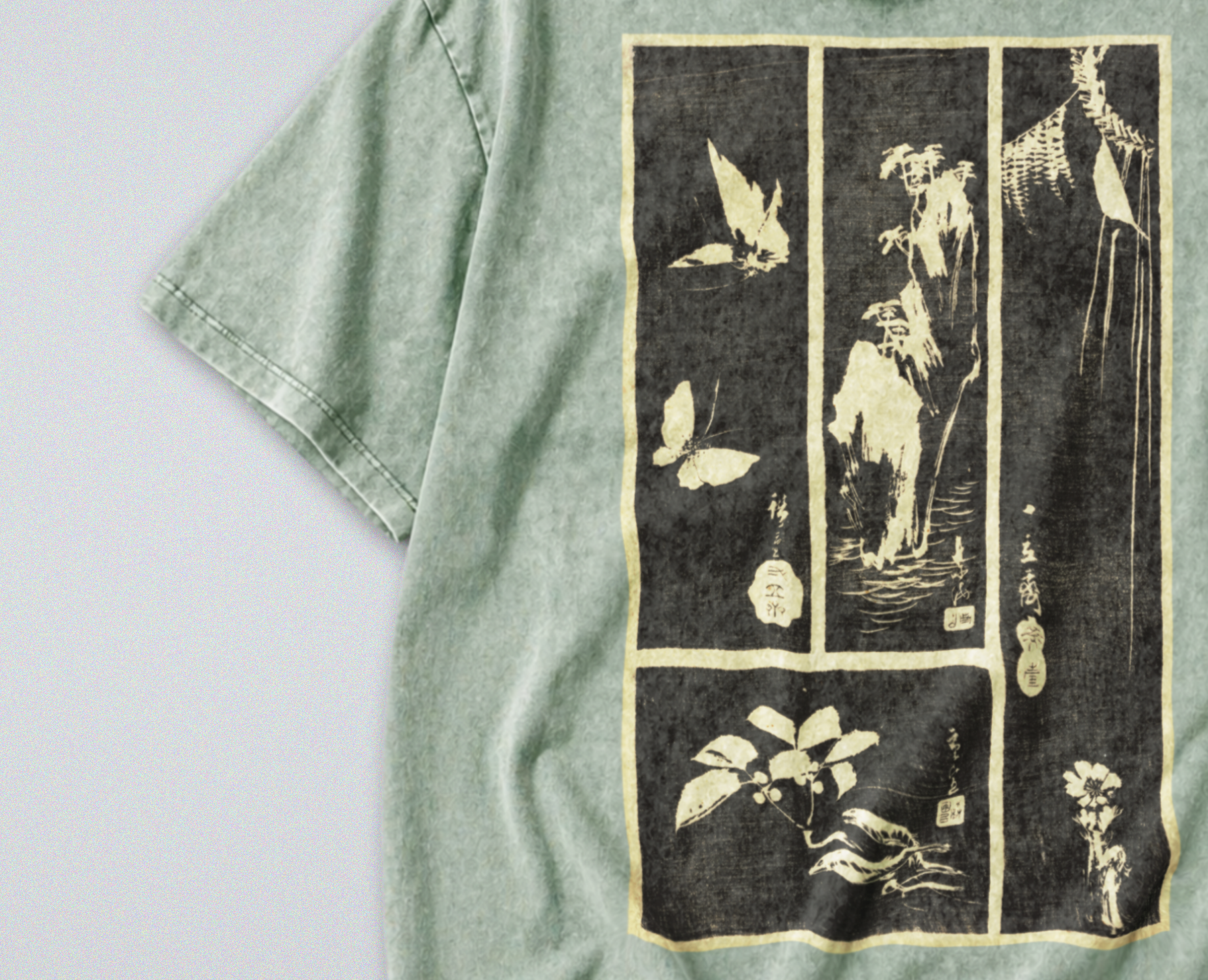 Oversized Snow Washed Cotton Tee - Japanese Botanical Harimaze Print