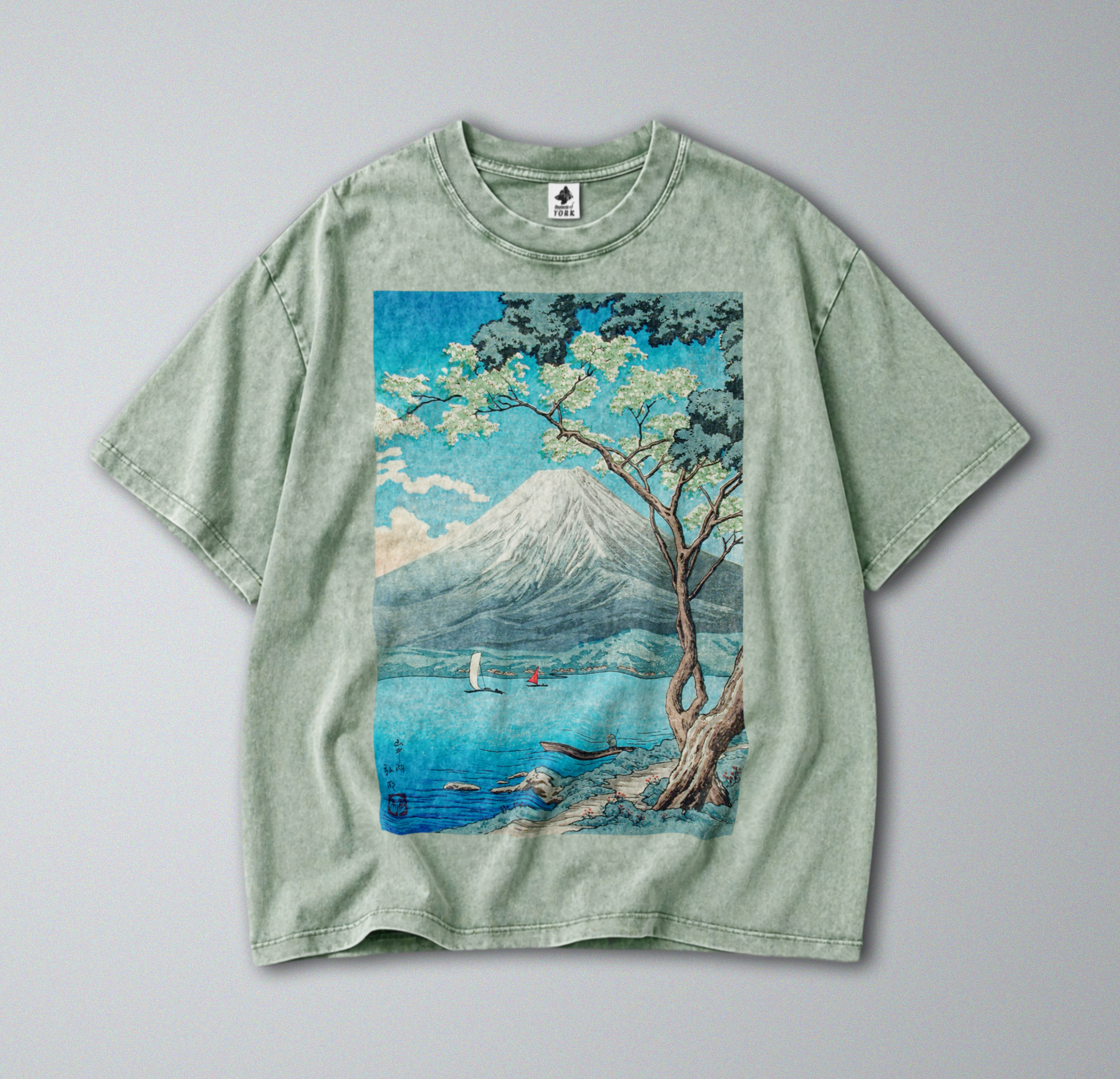 Oversized Snow Washed Cotton Tee - Japan's Mt Fuji Landscape Print