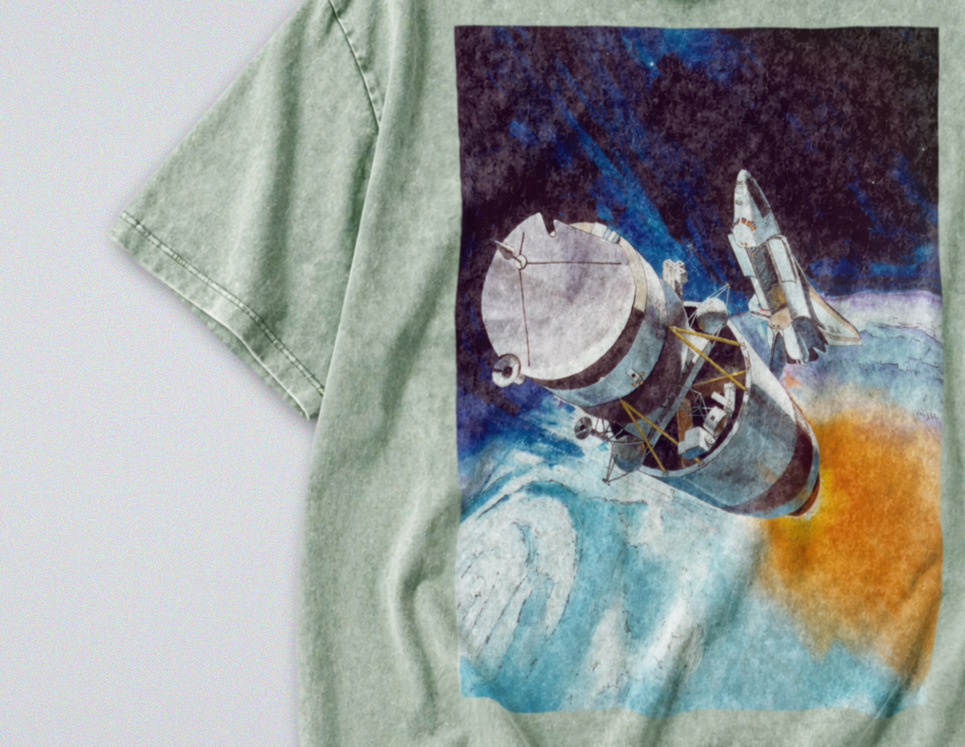 Oversized Snow Washed Cotton Tee - NASA Spaceship in Orbit