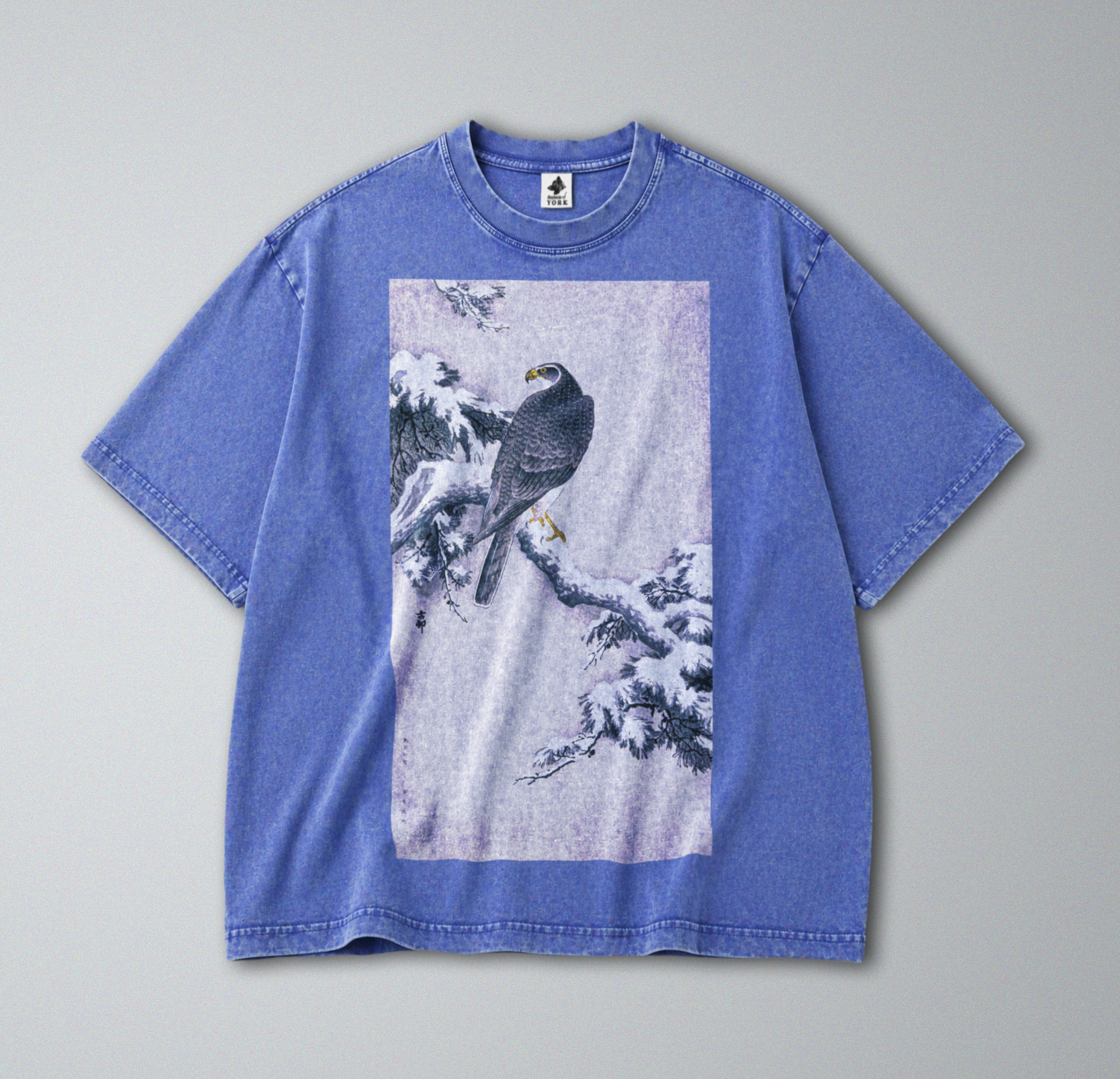 Oversized Snow Washed Cotton Tee - Hawk on Snowy Branch Print