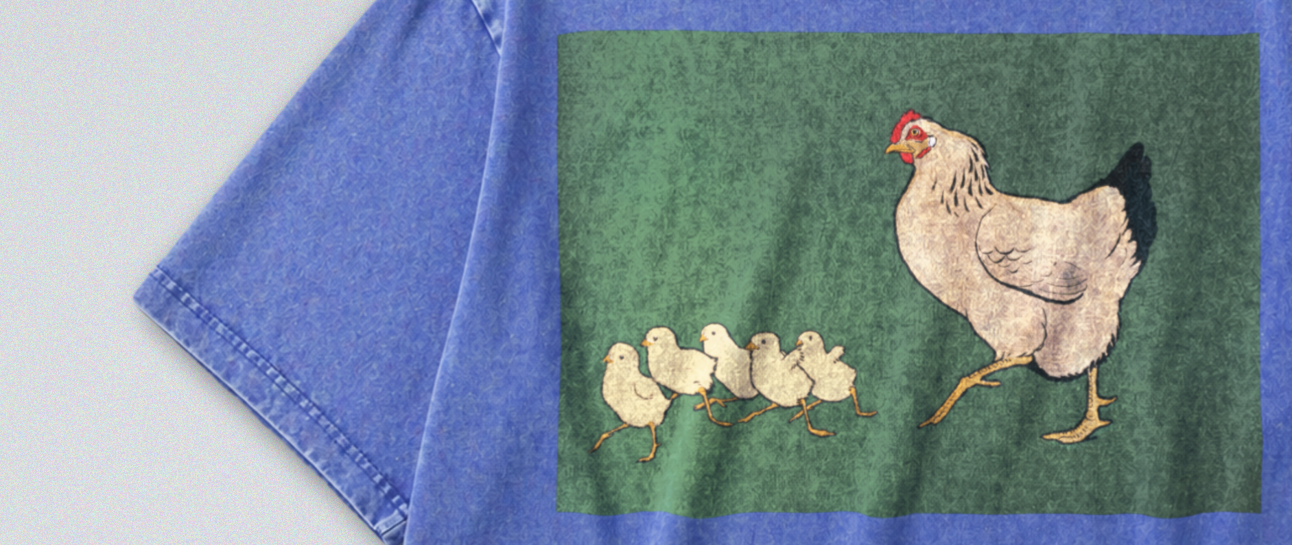 Oversized Snow Washed Cotton Tee - Cute Hen and Chicks Print
