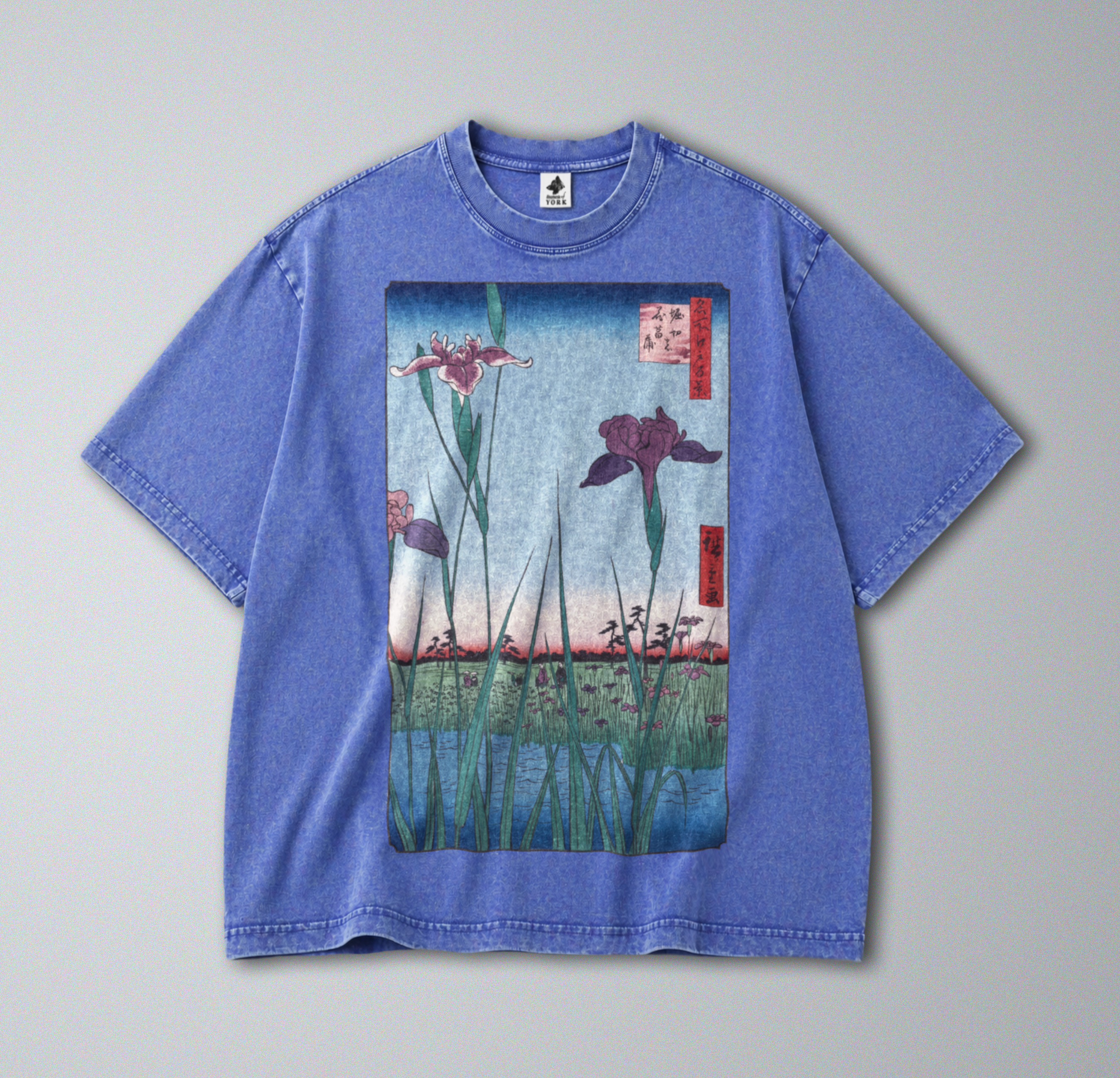 Oversized Snow Washed Cotton Tee - Japanese Iris Flower Garden Print