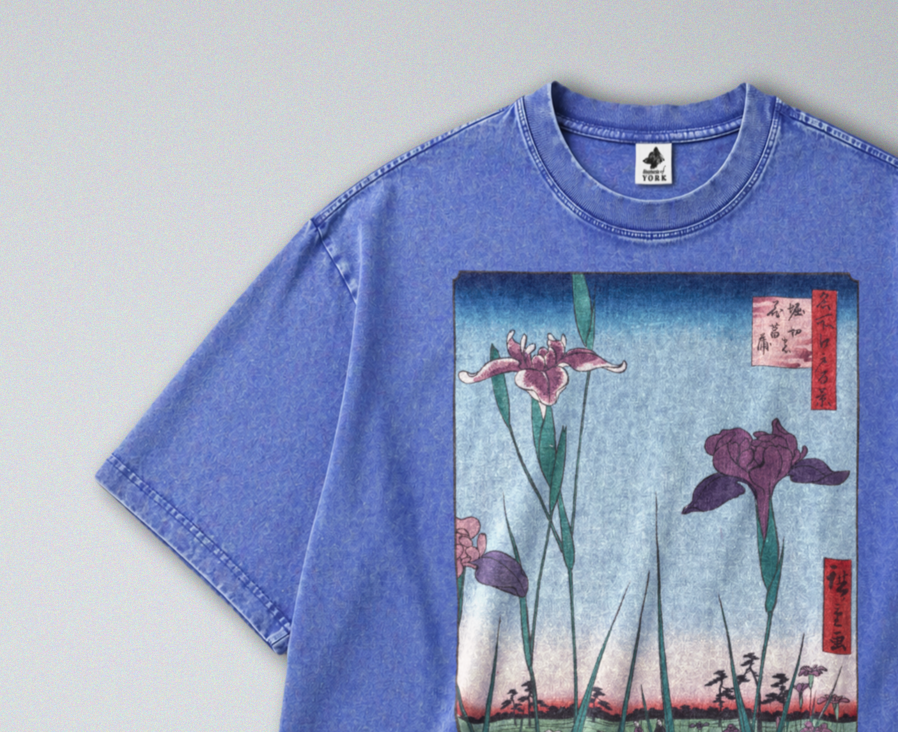Oversized Snow Washed Cotton Tee - Japanese Iris Flower Garden Print